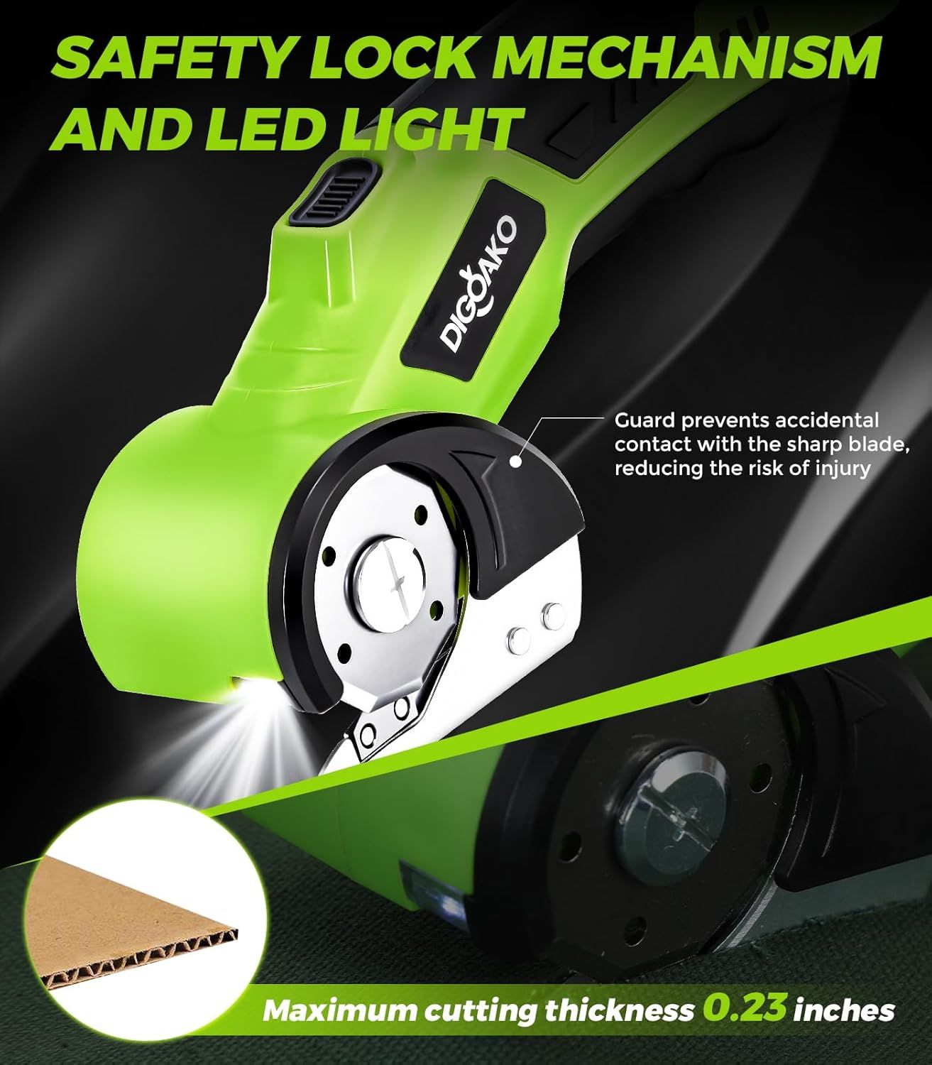 Highlights the safety features of the power tool, specifically the guard that prevents accidental contact with the blade and the LED light for visibility, reassuring shoppers about safe operation.…