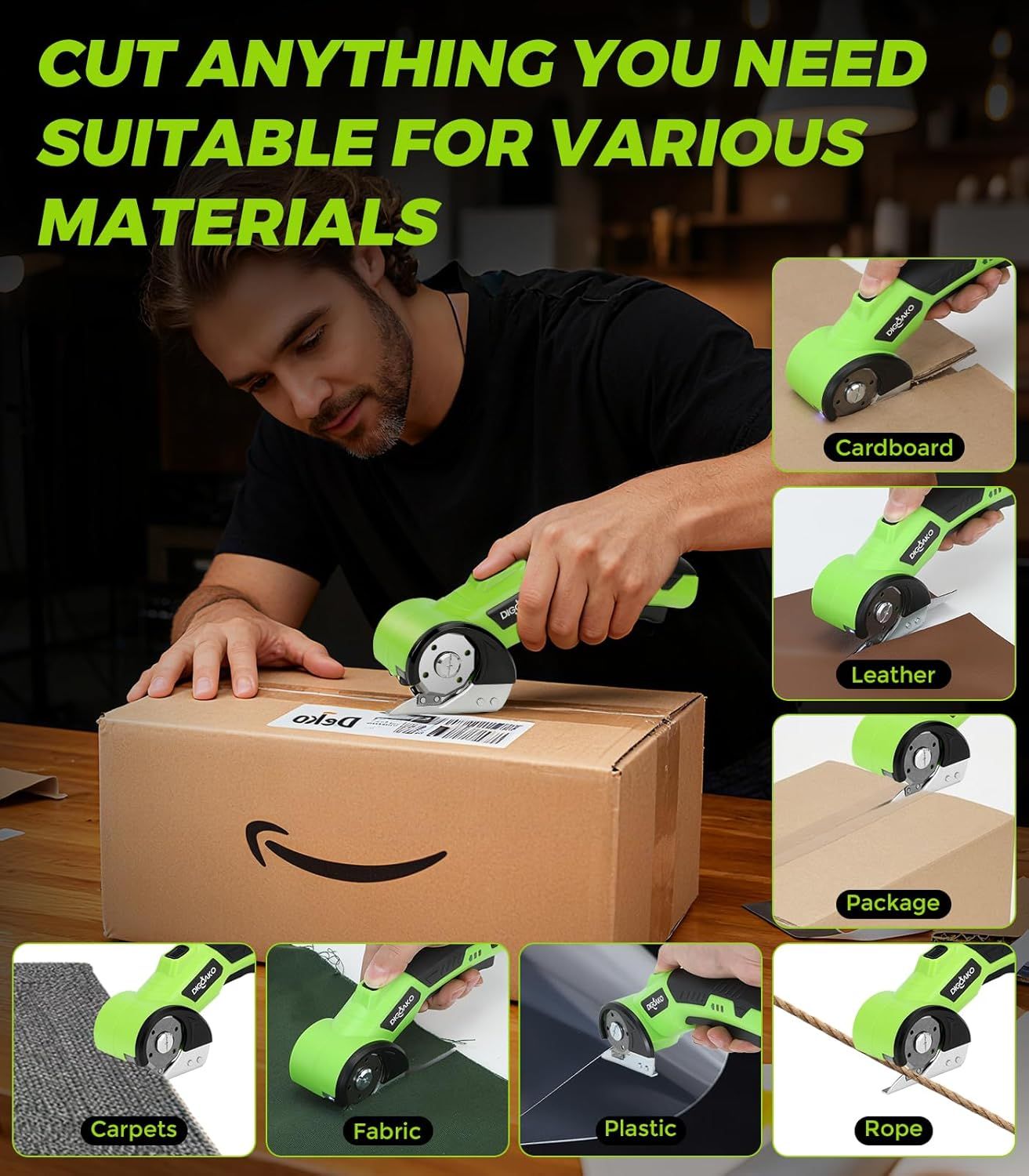 Demonstrates the rotary cutter's versatility by showing it can cut through seven different materials, reassuring shoppers that this is a multi-purpose tool suitable for various projects and tasks.