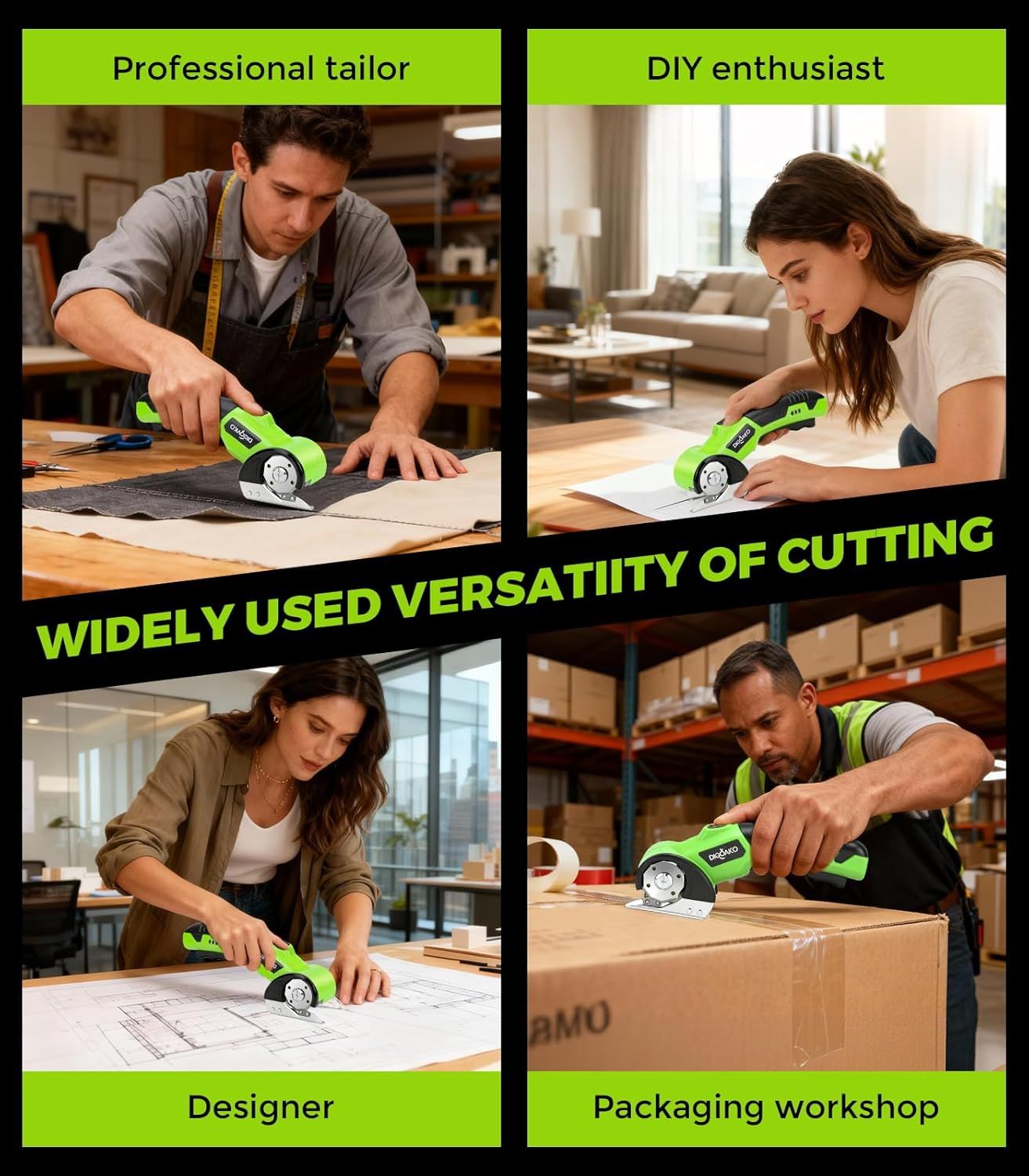 Demonstrates the product's versatility by showing it being used across four different professional and personal contexts (tailoring, DIY home projects, design work, and packaging/warehouse…