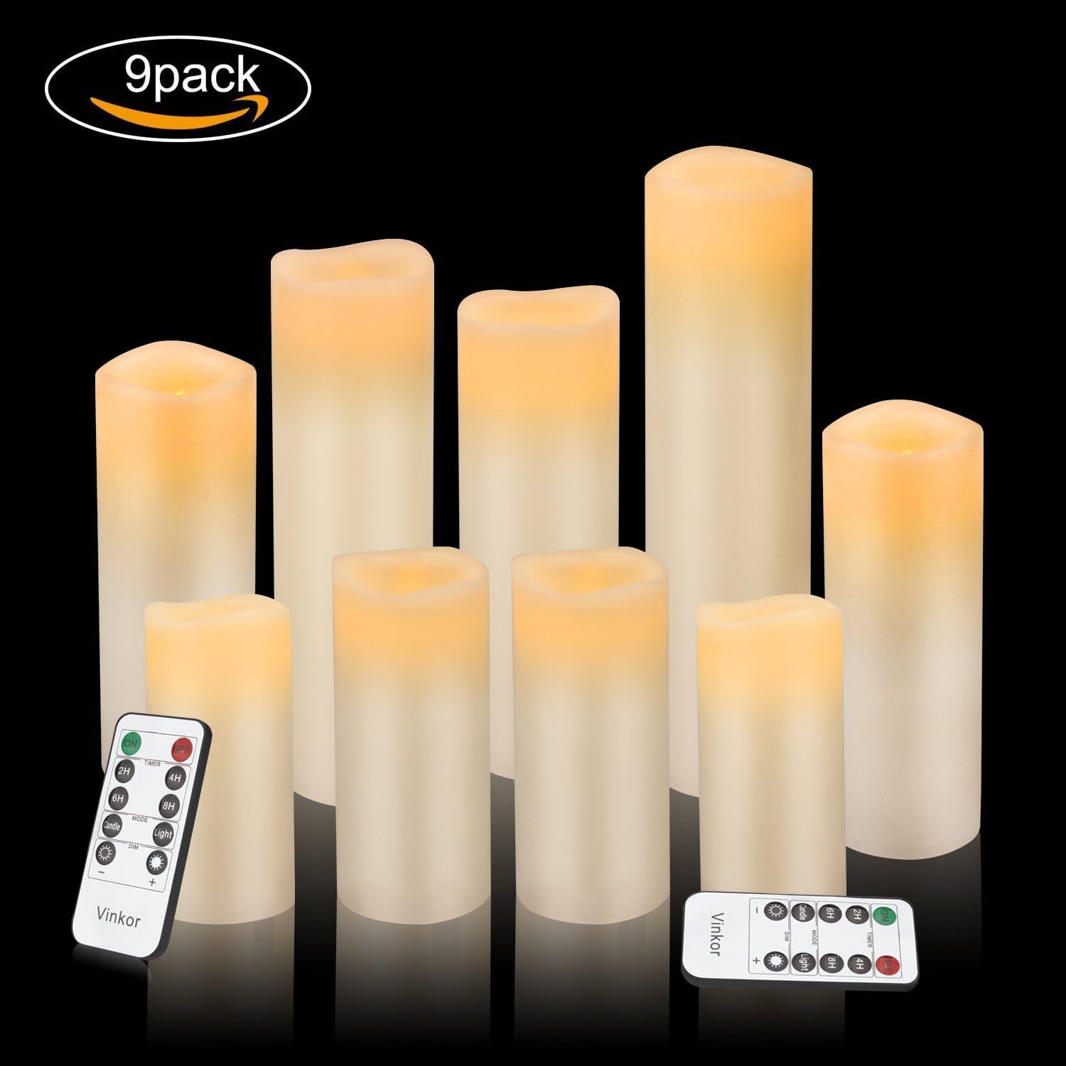 Shows the complete set of 9 LED candles in various sizes plus 2 remote controls that customers receive with their purchase, helping shoppers understand the full value of the bundle.