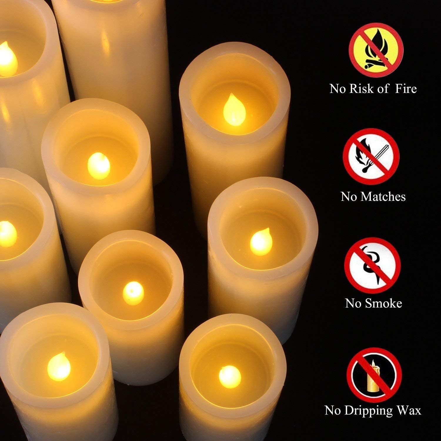 Communicates that these LED candles are safe to use without the hazards of real candles—no fire risk, no matches needed, no smoke, and no dripping wax—making them ideal for homes with children,…