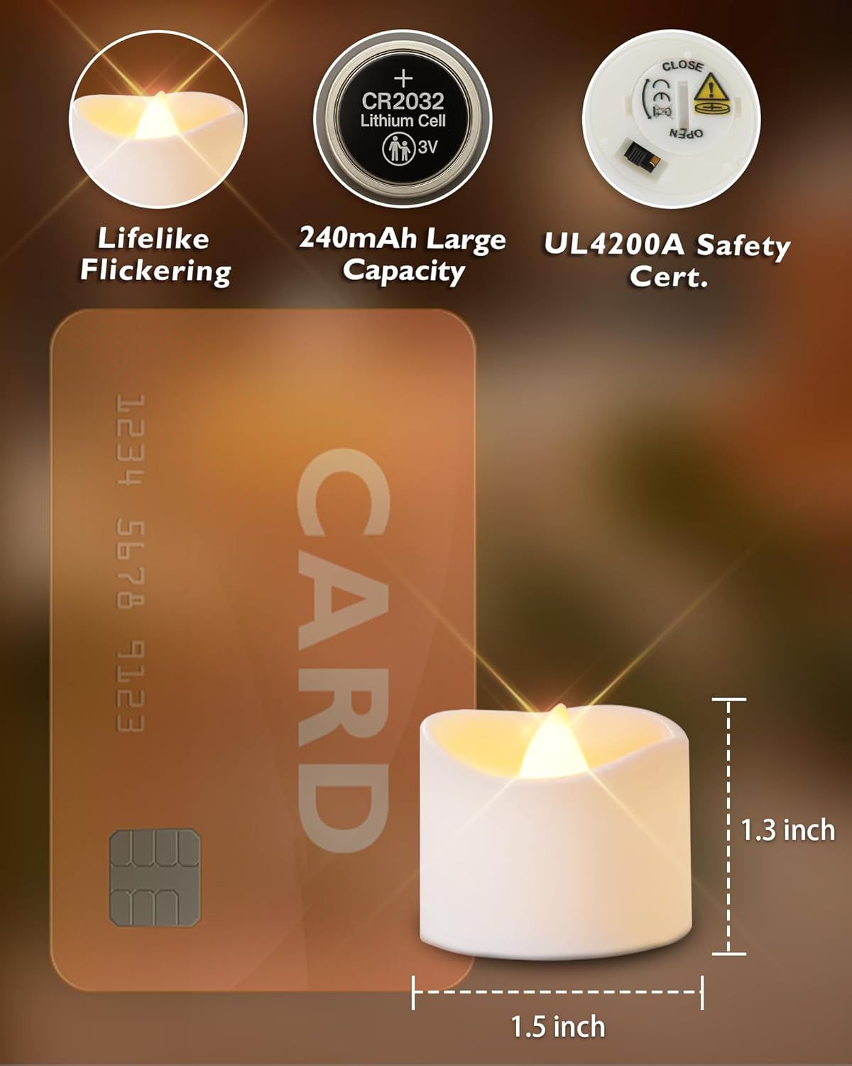 Communicates multiple key selling benefits of the LED candle including realistic flame effect, long-lasting battery, safety certification, and convenient dimensions to reassure shoppers of quality…