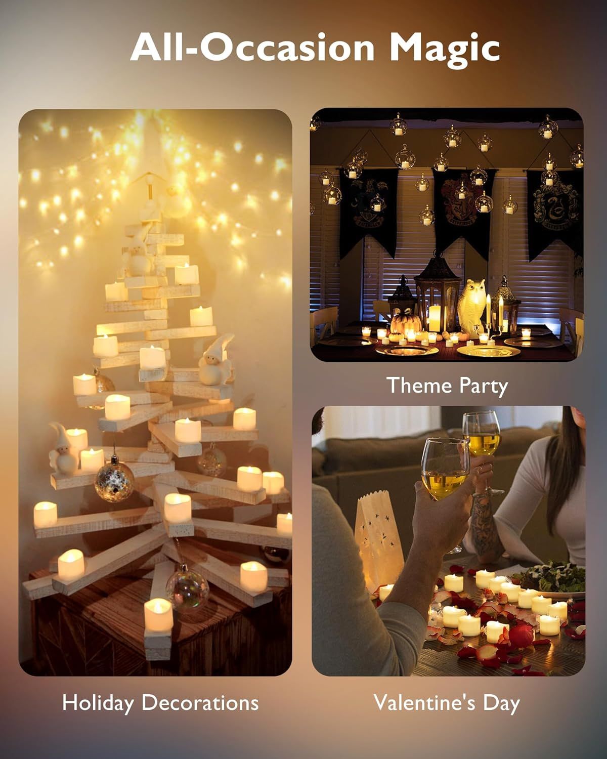 Demonstrates the versatility of the product (likely LED candles or string lights) by showing it used in multiple occasions and settings—holiday decor, themed parties, and romantic occasions—to…