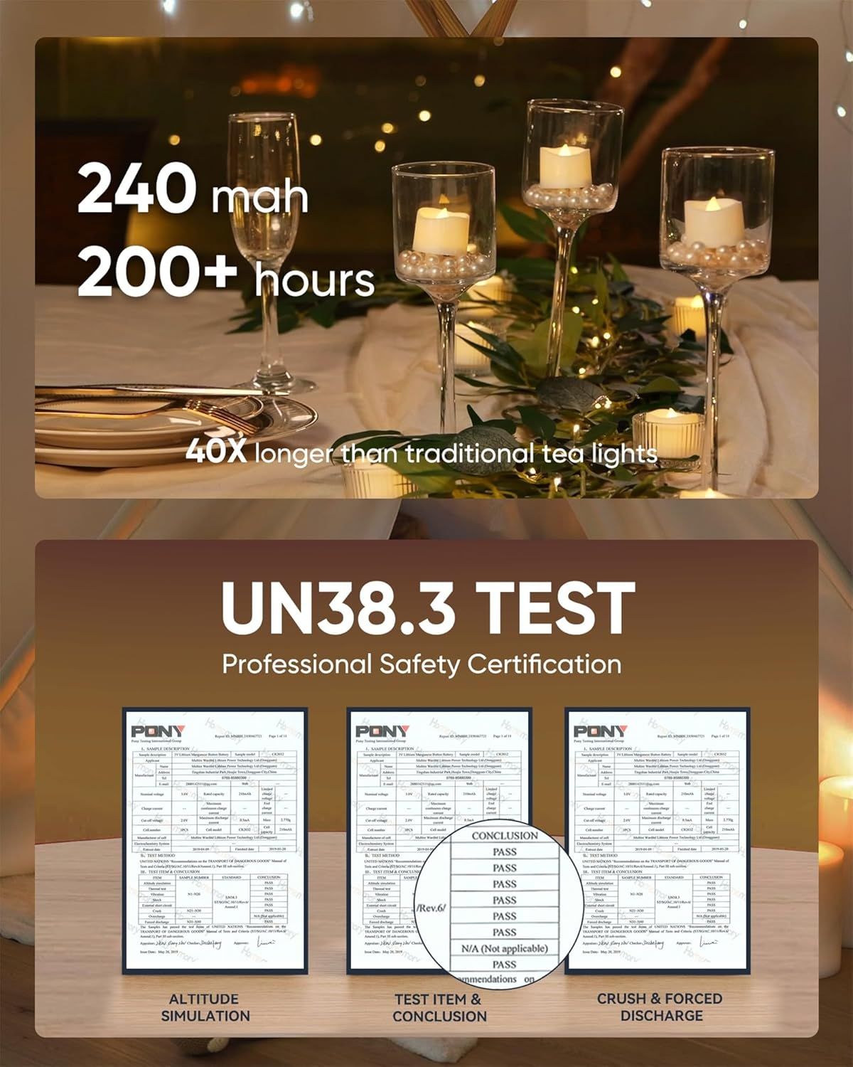 Communicates the product's impressive battery capacity (240 mAh) and burn time (200+ hours), emphasizing it lasts 40X longer than traditional tea lights to reassure shoppers of long-lasting…