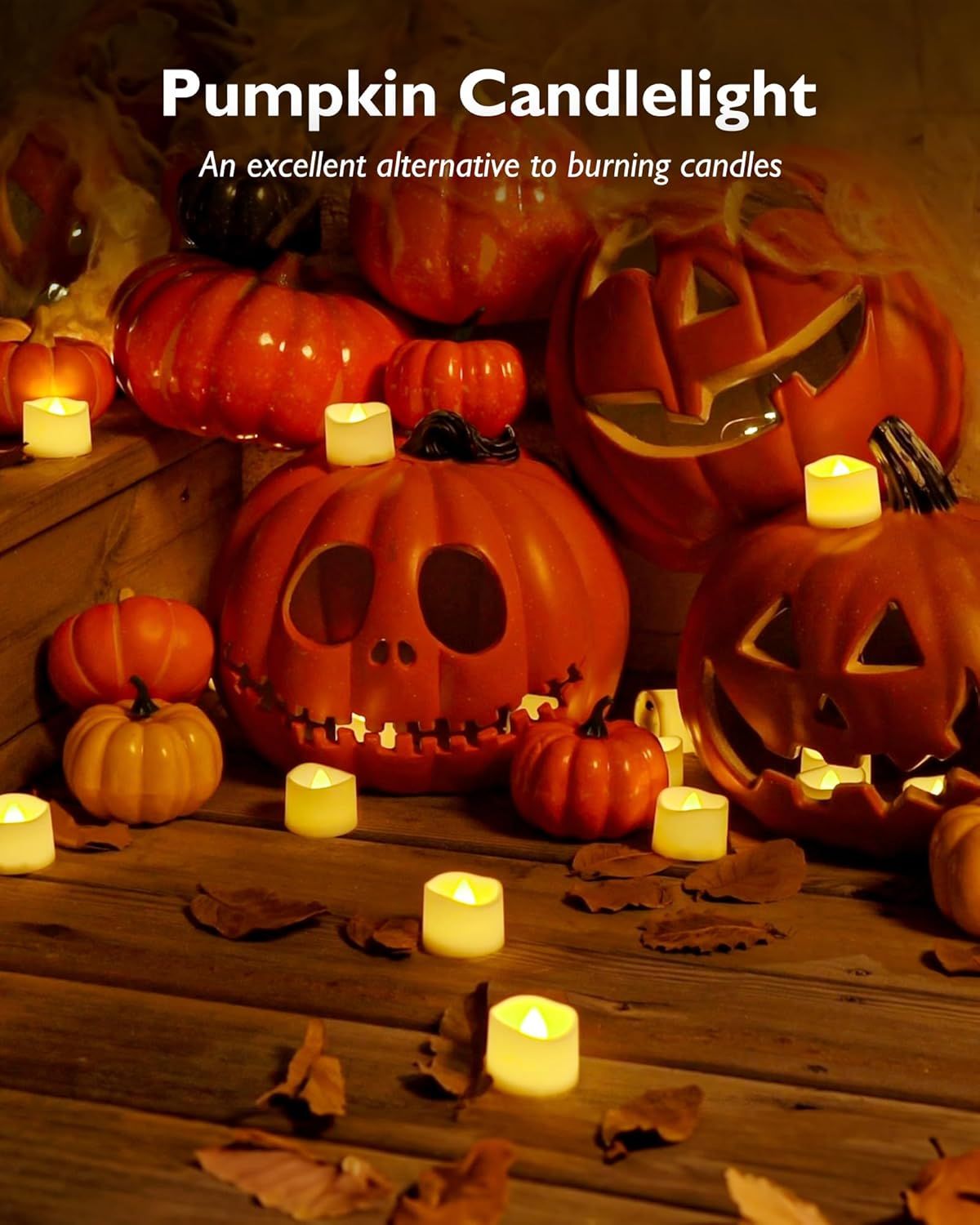 Positions the product as a safe, flameless alternative to traditional candles for Halloween and fall seasonal decorating, showing it in use with carved pumpkins. Communicates the core benefit that…