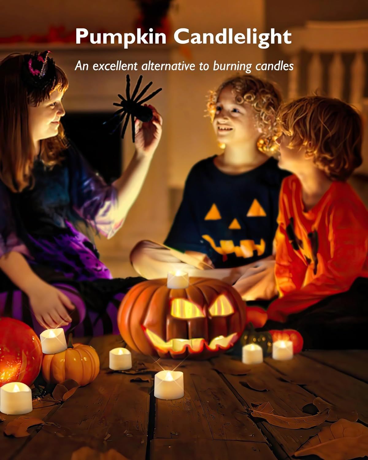 Positions the product as a safe, family-friendly Halloween decoration alternative to traditional burning candles, emphasizing seasonal use and child safety. Communicates the key benefit that this…