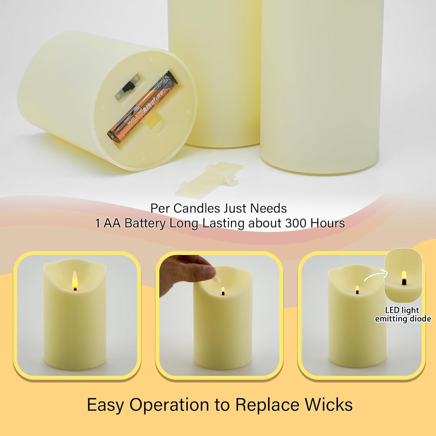 Communicates multiple key benefits of the LED candle: 300-hour battery life with just one AA battery, simple wick replacement process, and LED light-emitting diode technology for realistic flame…