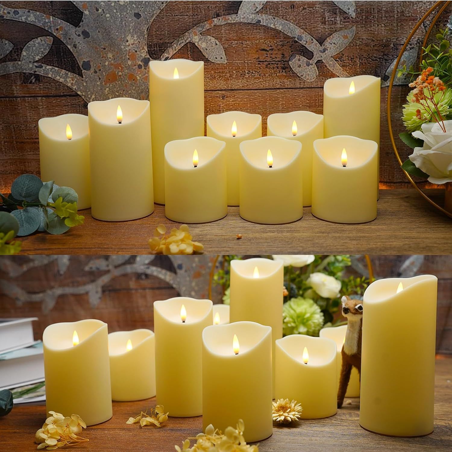 Showcases the candles in a real-world home setting with decorative elements to help shoppers visualize how the product creates ambiance and fits into their living space.