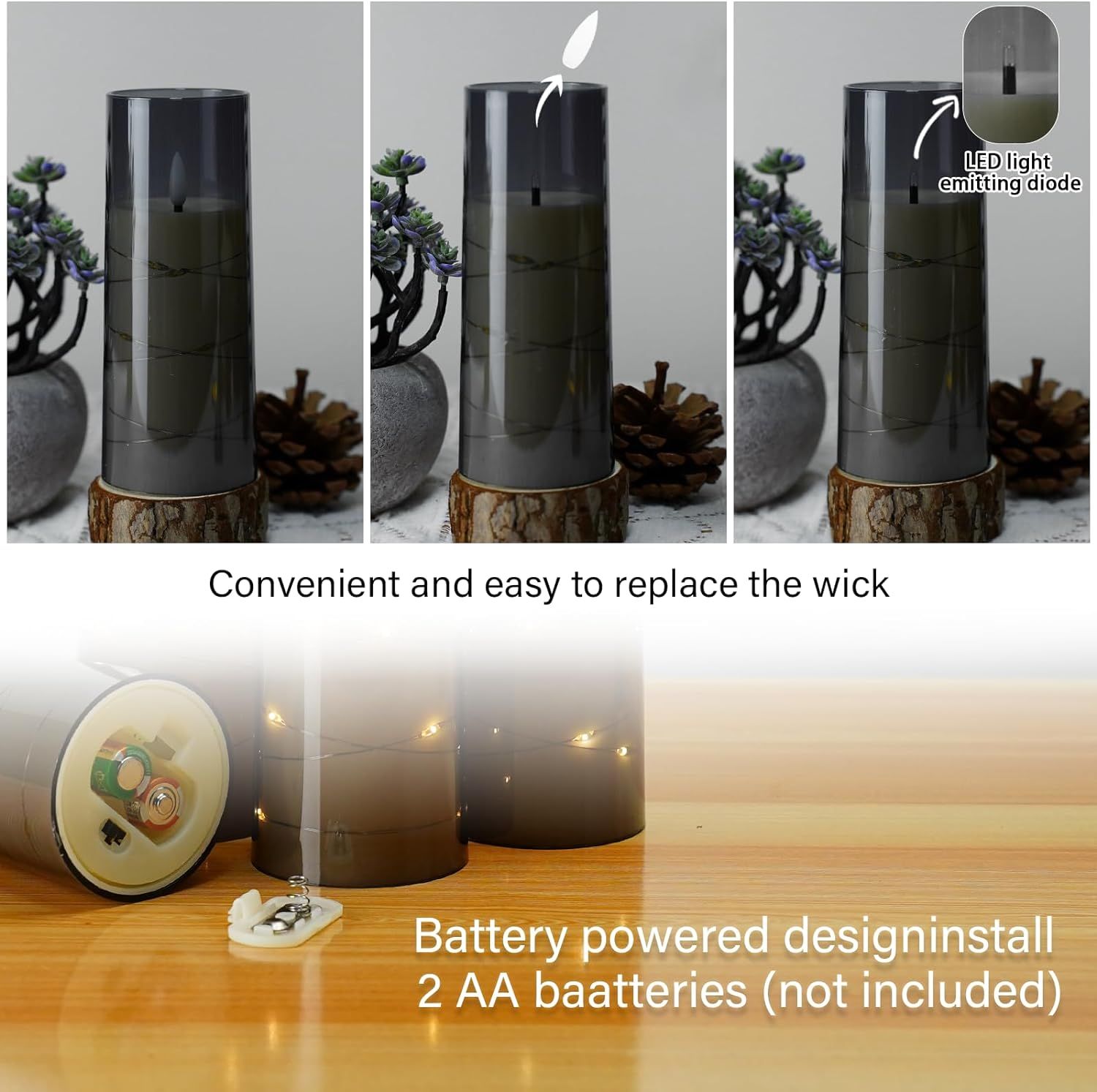 Demonstrates how the LED candle works by showing the step-by-step process of replacing the wick and how the LED light-emitting diode creates the flame effect, reassuring shoppers about ease of use…