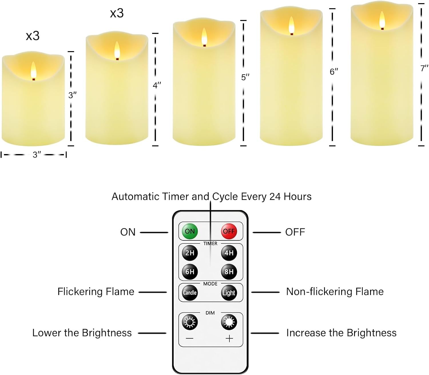 Shows the available size options for the candles with exact height measurements, helping shoppers choose the right size for their needs. Demonstrates the multiple functional features of the remote…