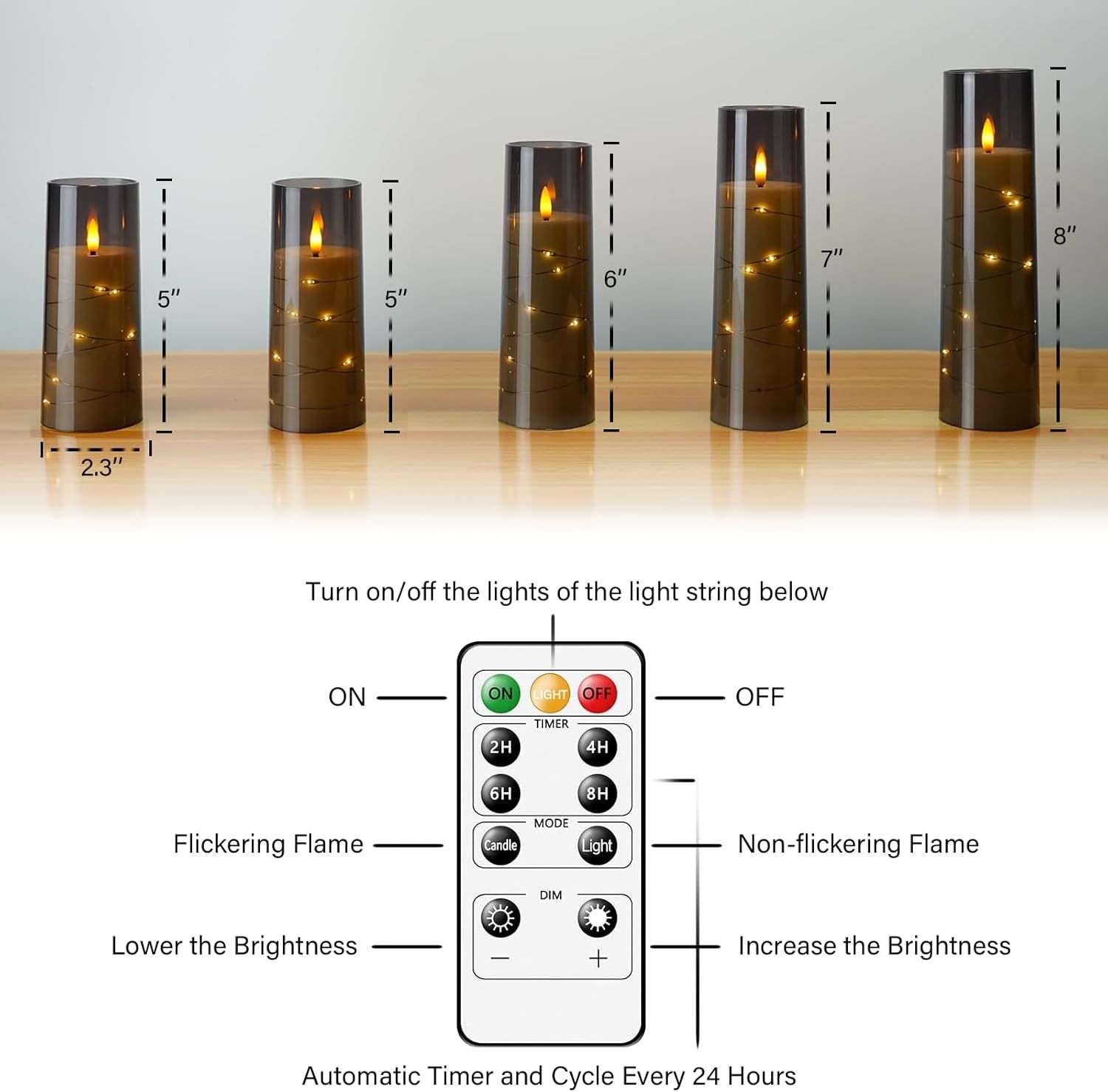 Shows the five available size options with exact height measurements (5, 5, 6, 7, and 8 inches) and consistent diameter (2.3 inches) to help shoppers choose the right candle size for their needs.…