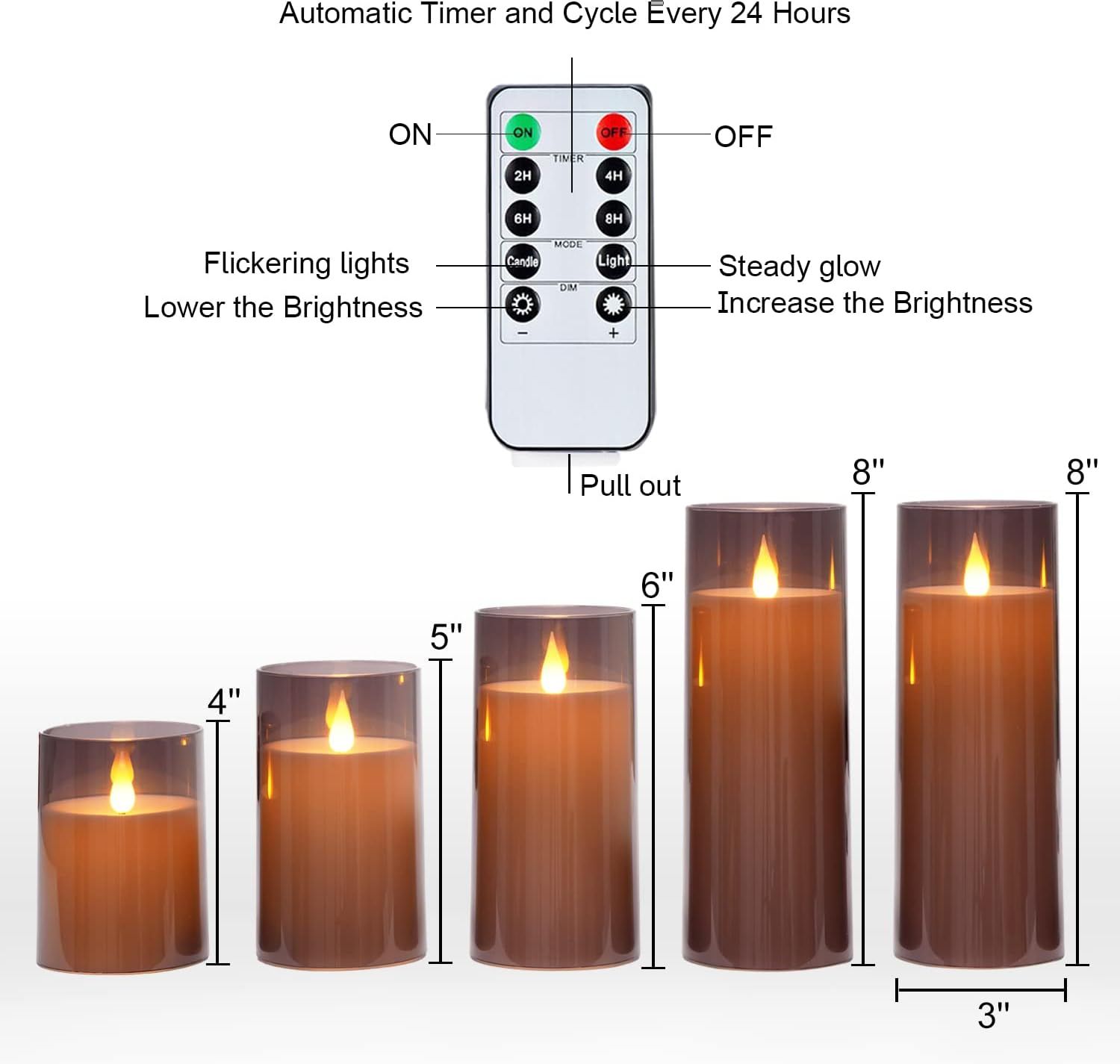 Shows the available size options (4", 5", 6", 8" heights) and diameter (3") to help shoppers choose the right candle size for their needs. Explains how to operate the LED candles using the remote…