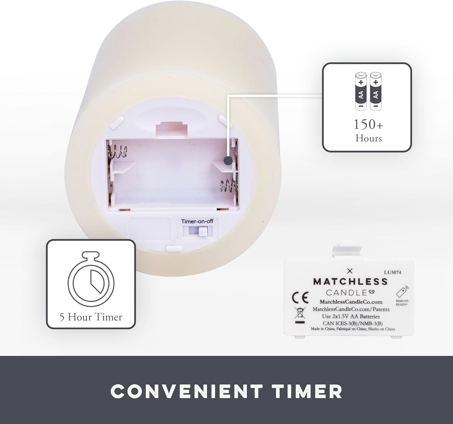 Highlights multiple key features of the candle product: the convenient 5-hour timer function and the long 150+ hour battery life, reassuring shoppers of both ease of use and longevity.