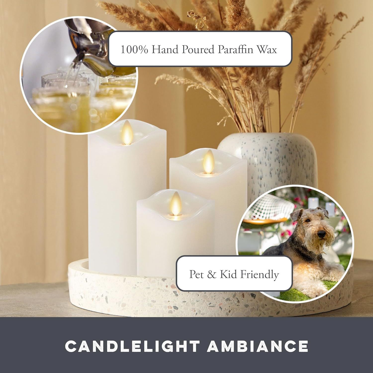 Communicates multiple key product benefits including the premium hand-poured paraffin wax composition and safety for families with pets and children, reassuring shoppers about quality and household…