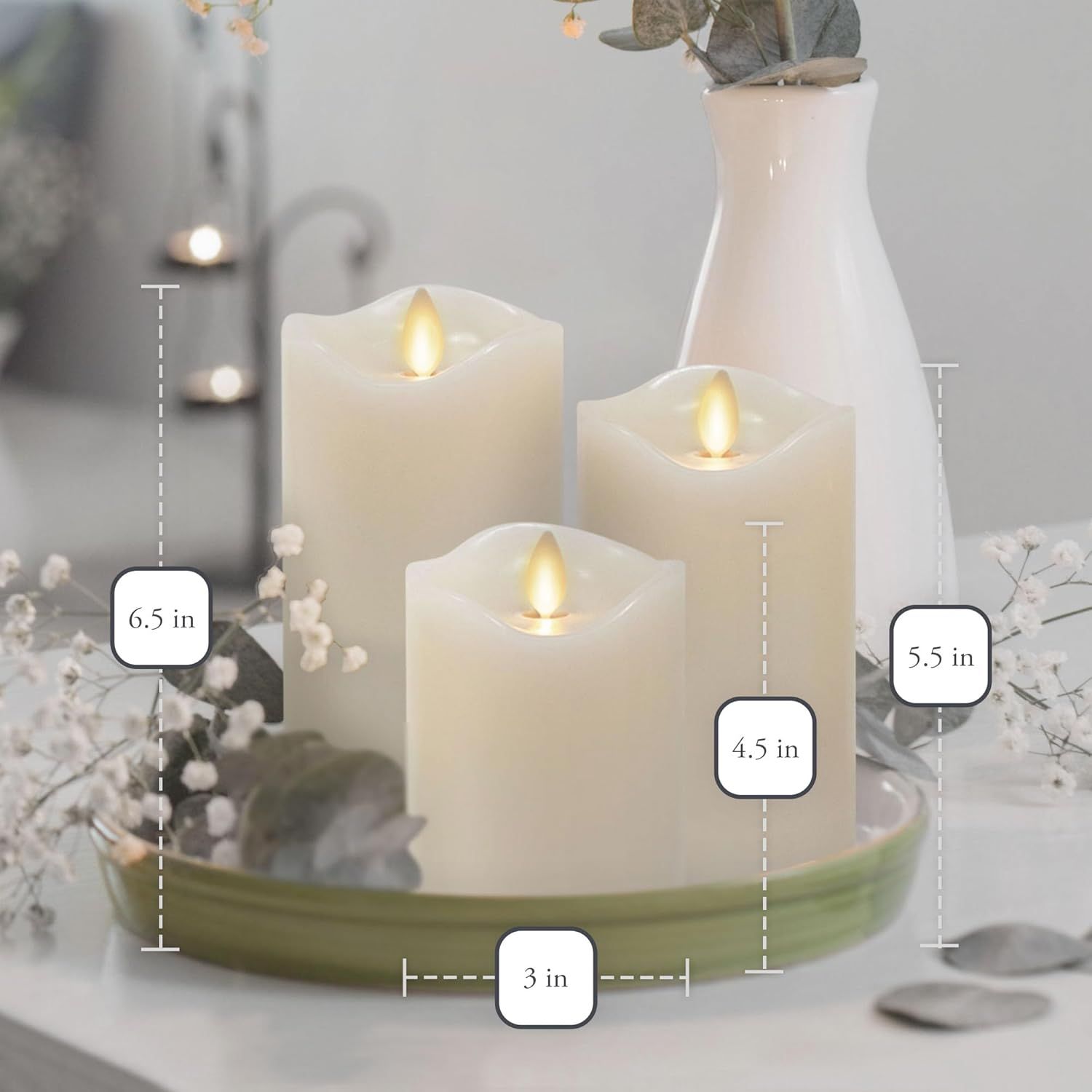 Communicates the exact physical dimensions of the candle set (heights of 4.5 in, 5.5 in, 6.5 in and diameter of 3 in) to help shoppers understand the size and scale of the product before purchase.