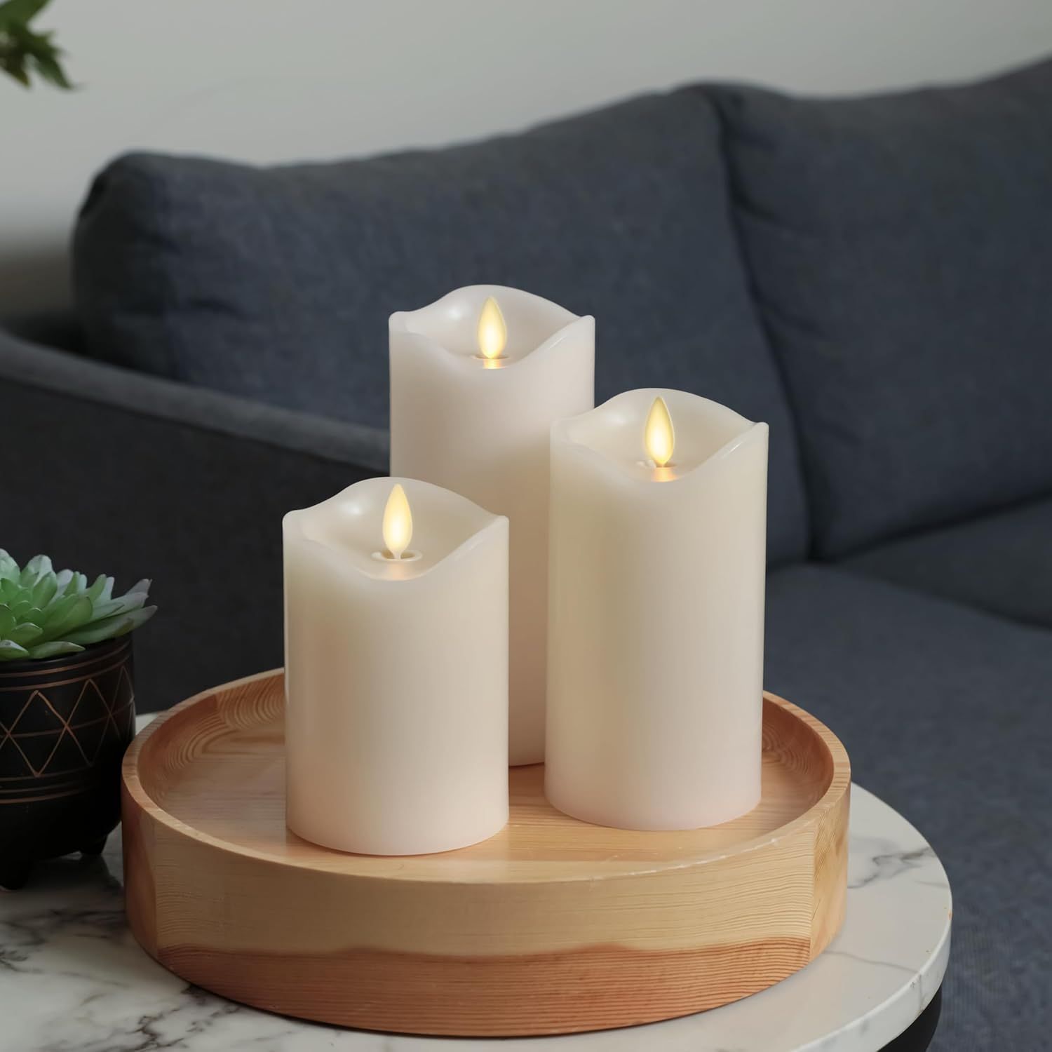 Showcases the product in a real-world home setting to help shoppers visualize how the candles would look and create ambiance in their own living space.