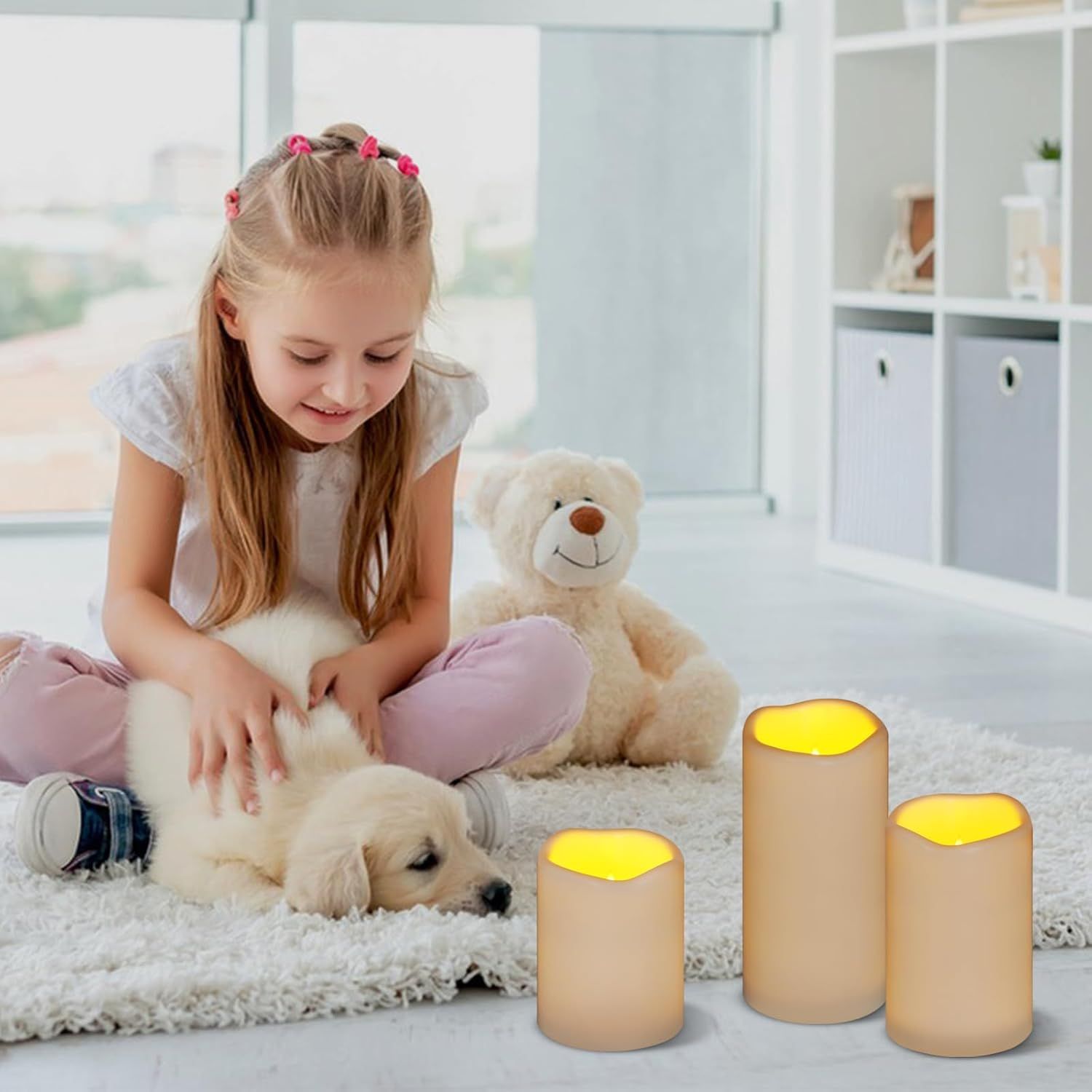 Demonstrates the product (LED candles) in a real-world home setting with a child and pet, showing it creates a safe, warm ambiance without the hazards of real flames.