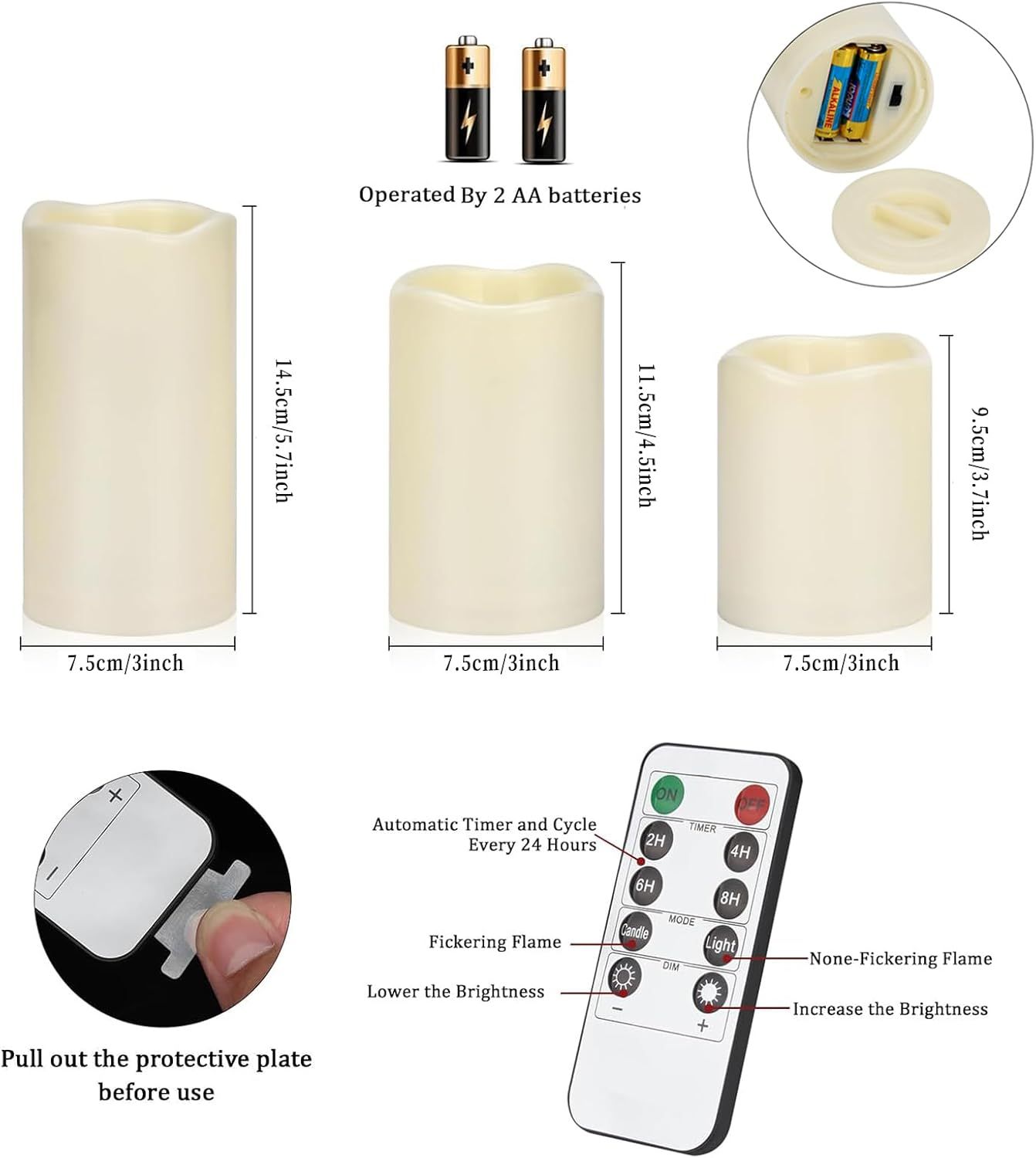 This image communicates multiple product features and benefits in a segmented layout, showing shoppers the candles' size options, battery operation, remote control functionality with timer settings,…