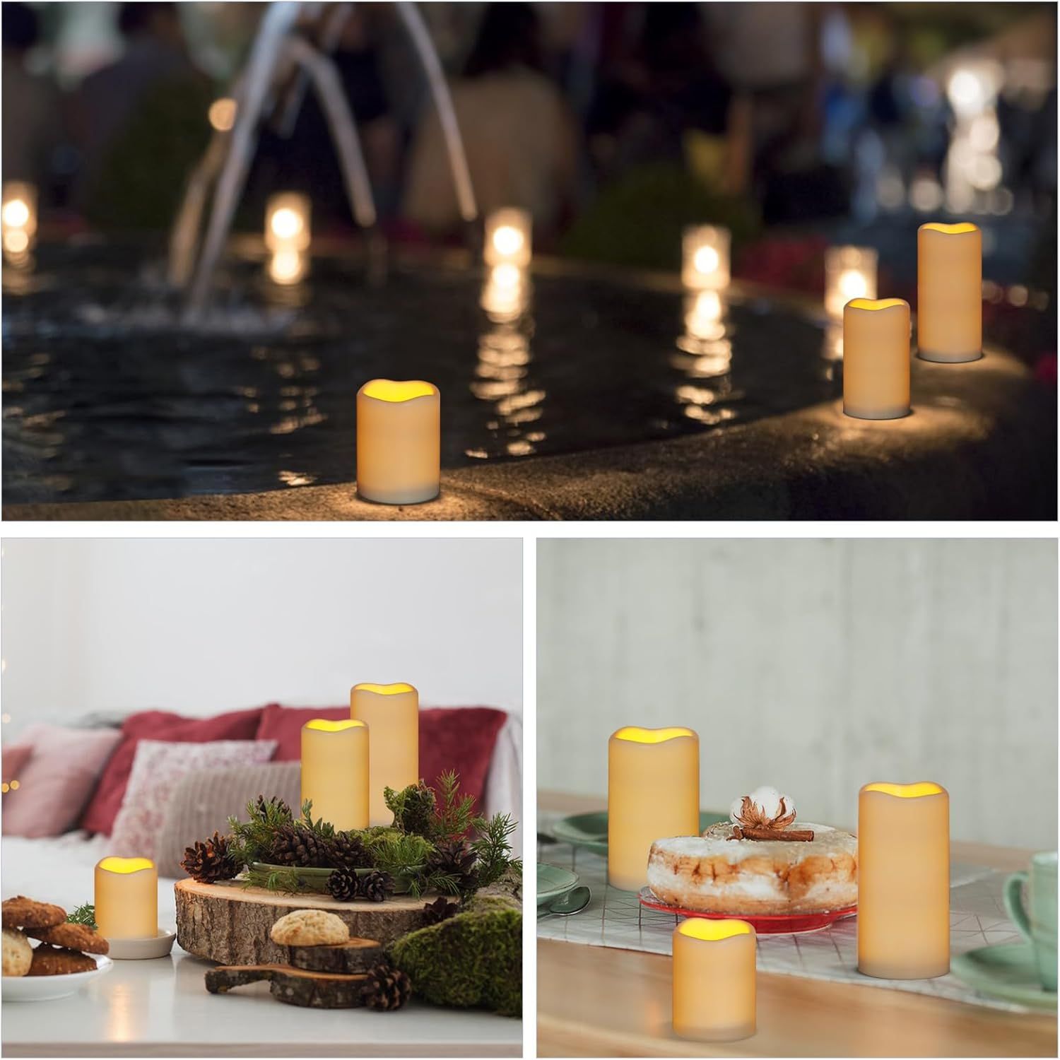 Demonstrates the versatility of the LED candles by showing them in multiple real-world environments including outdoor poolside, holiday table centerpiece, and dessert table settings to reassure…