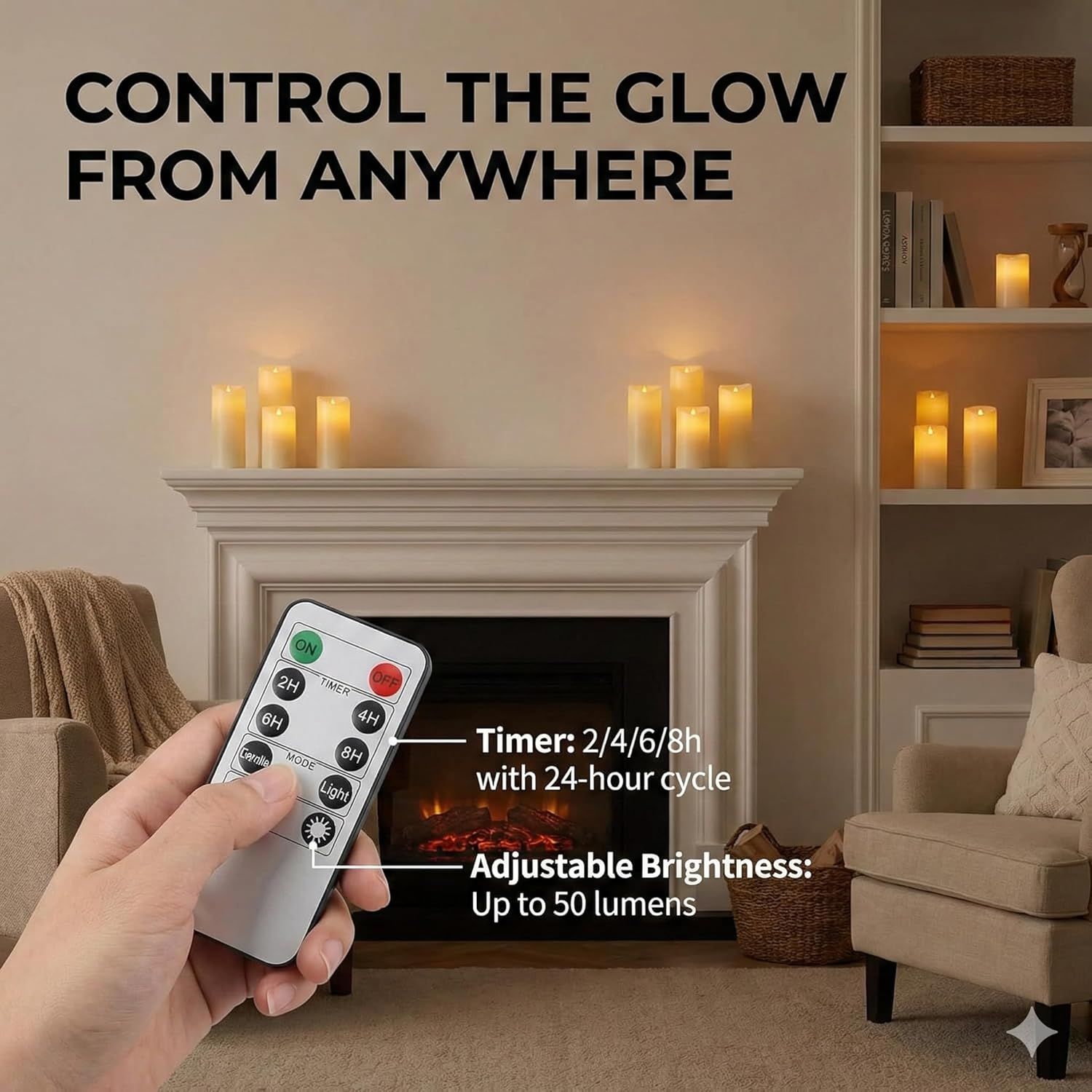 Communicates the convenience of controlling the LED candles remotely from anywhere, with timer and brightness adjustment features to reassure shoppers of ease of use and customization.