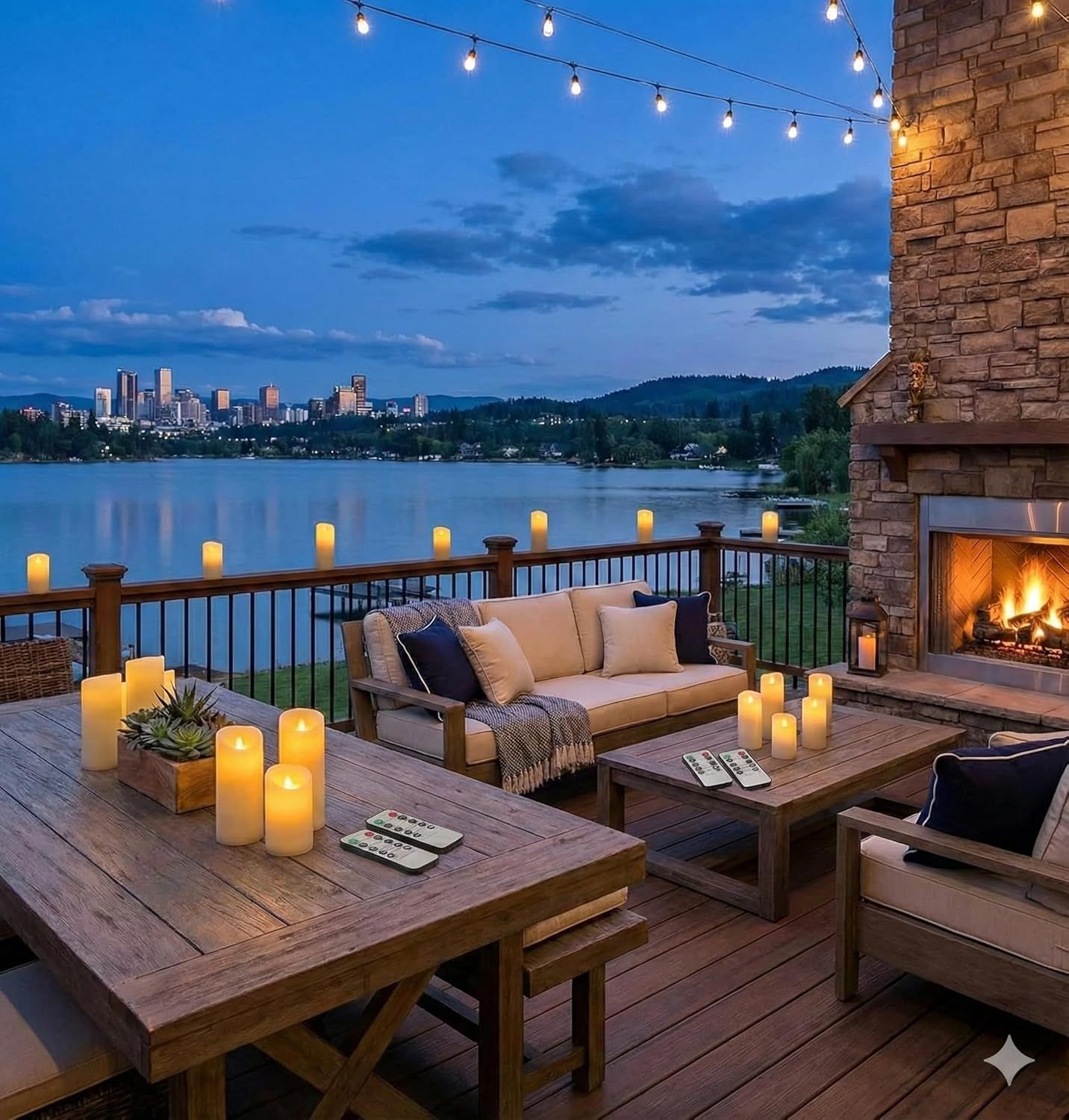 Showcases the product (likely outdoor furniture, candles, or fireplace) in a beautiful real-world setting to help shoppers envision the product enhancing their own outdoor living experience.