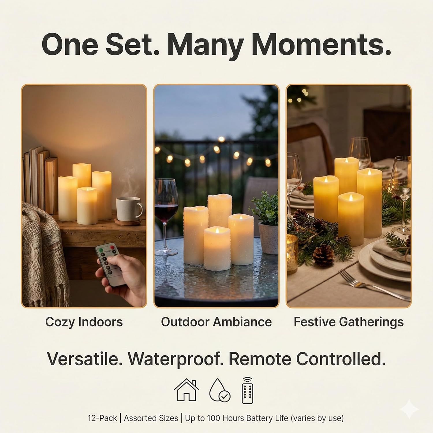 Demonstrates the versatility of the candle set by showing it in three distinct environments (cozy indoors, outdoor ambiance, festive gatherings) to help shoppers visualize how the product fits…