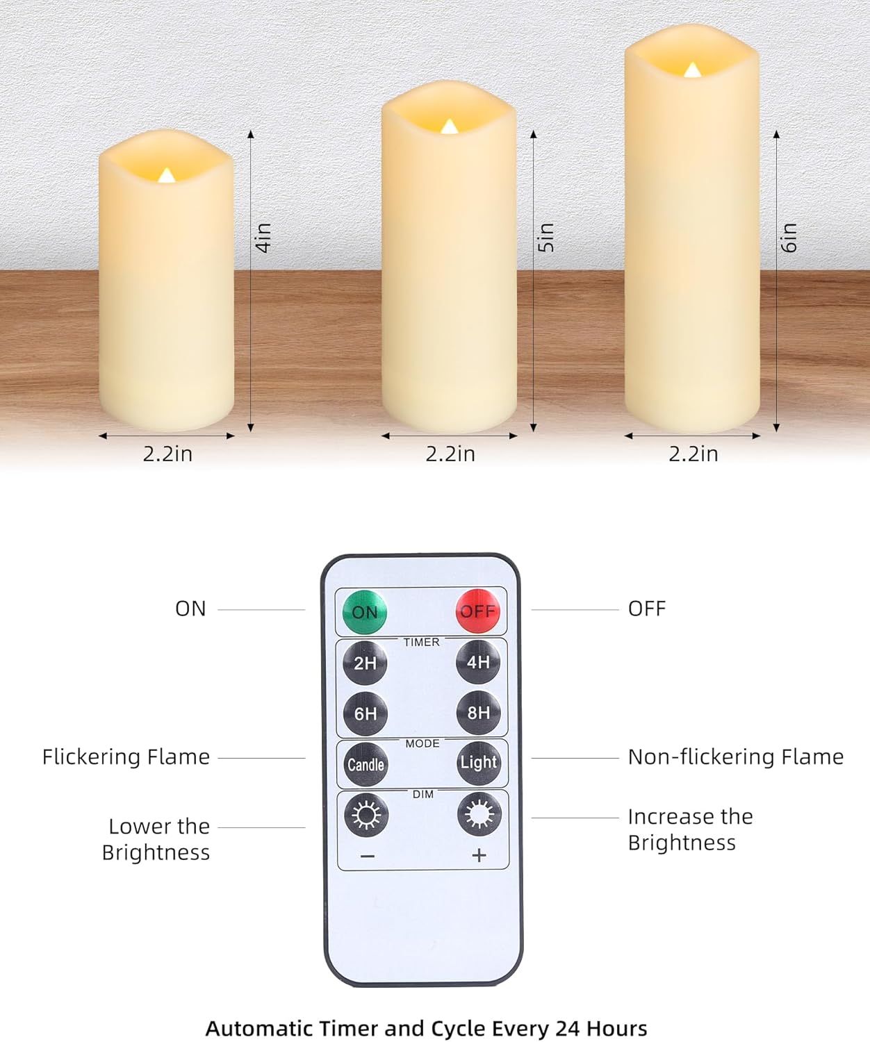 Shows the exact physical dimensions of three candle size options (4in, 5in, 6in heights with 2.2in diameter) to help shoppers choose the right size for their needs. Explains how to operate the LED…