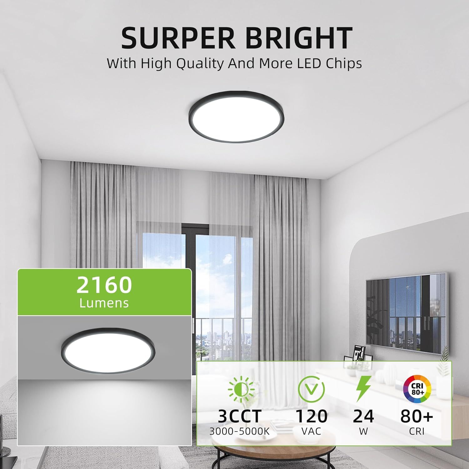 Communicates multiple technical specifications and benefits of the ceiling light in a segmented layout, highlighting brightness, color temperature options, voltage compatibility, power efficiency,…