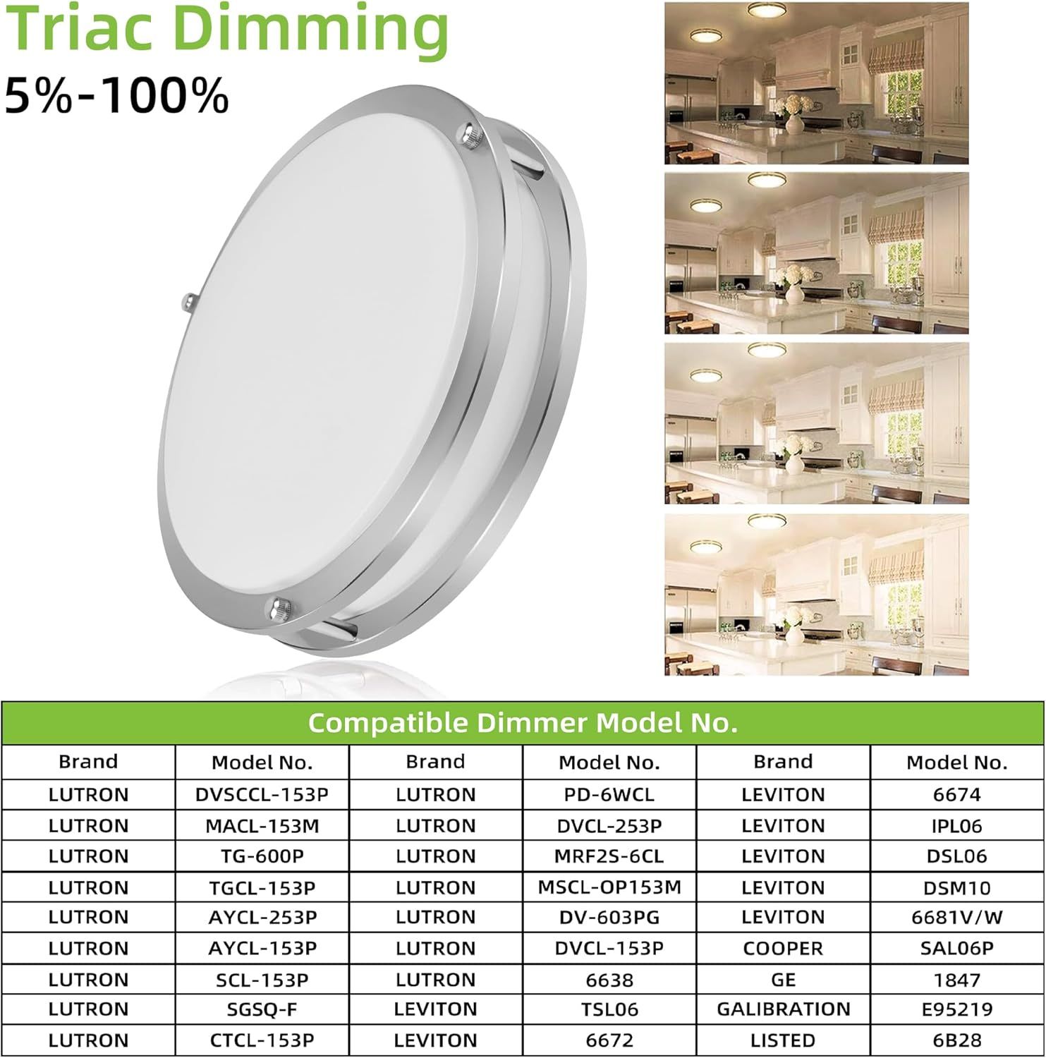 Demonstrates the product's compatibility with multiple dimmer switch brands and models, reassuring shoppers that the light will work with their existing dimmer system. Highlights the product's…