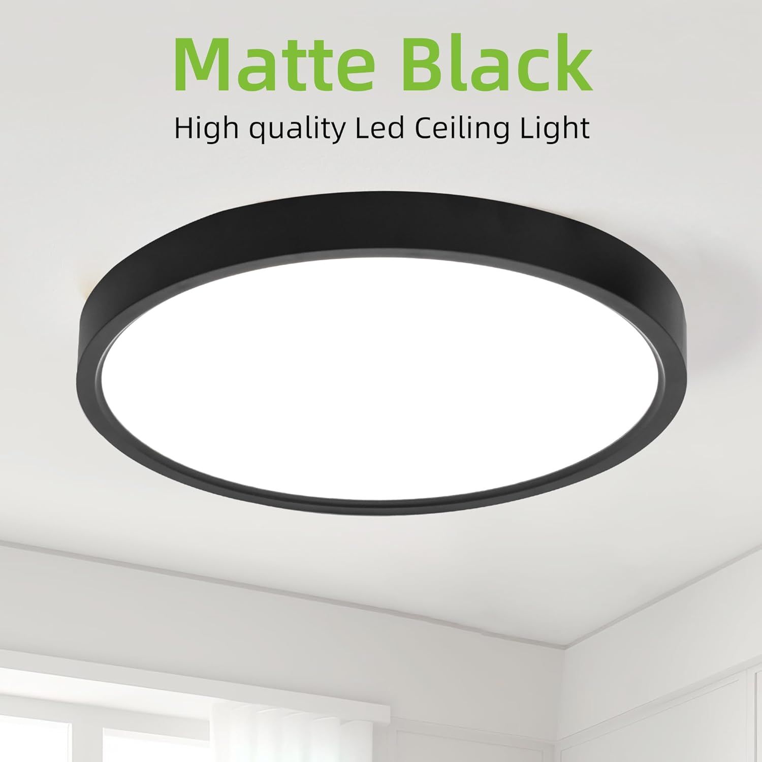 Highlights the matte black finish and high quality of the LED ceiling light to communicate aesthetic appeal and premium quality to shoppers.