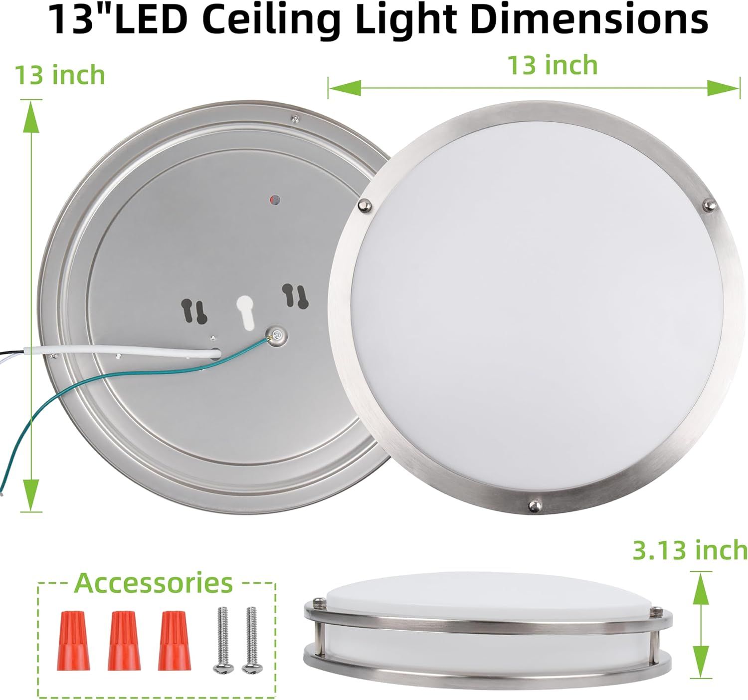 Communicates the exact physical dimensions of the ceiling light (13 inches diameter, 3.13 inches height) to help shoppers understand if it will fit their space and installation requirements.