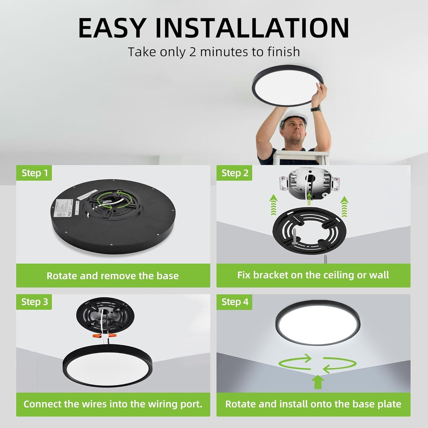 Demonstrates the simple 4-step installation process for the ceiling light fixture, reassuring shoppers that it takes only 2 minutes and requires minimal effort to set up.