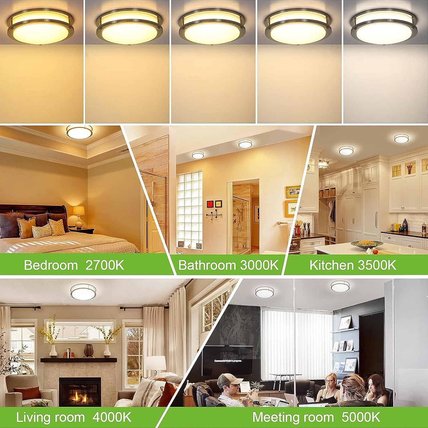 Demonstrates the product's versatility by showing it installed in five different room types (bedroom, bathroom, kitchen, living room, meeting room) with appropriate color temperature settings for…