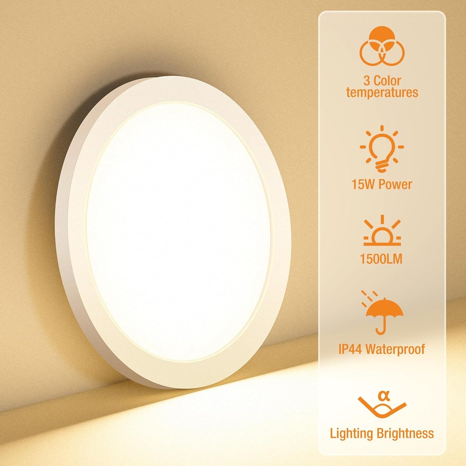 Communicates multiple key technical specifications and benefits of the ceiling light in a segmented vertical layout, helping shoppers quickly understand the product's versatility, power, brightness,…
