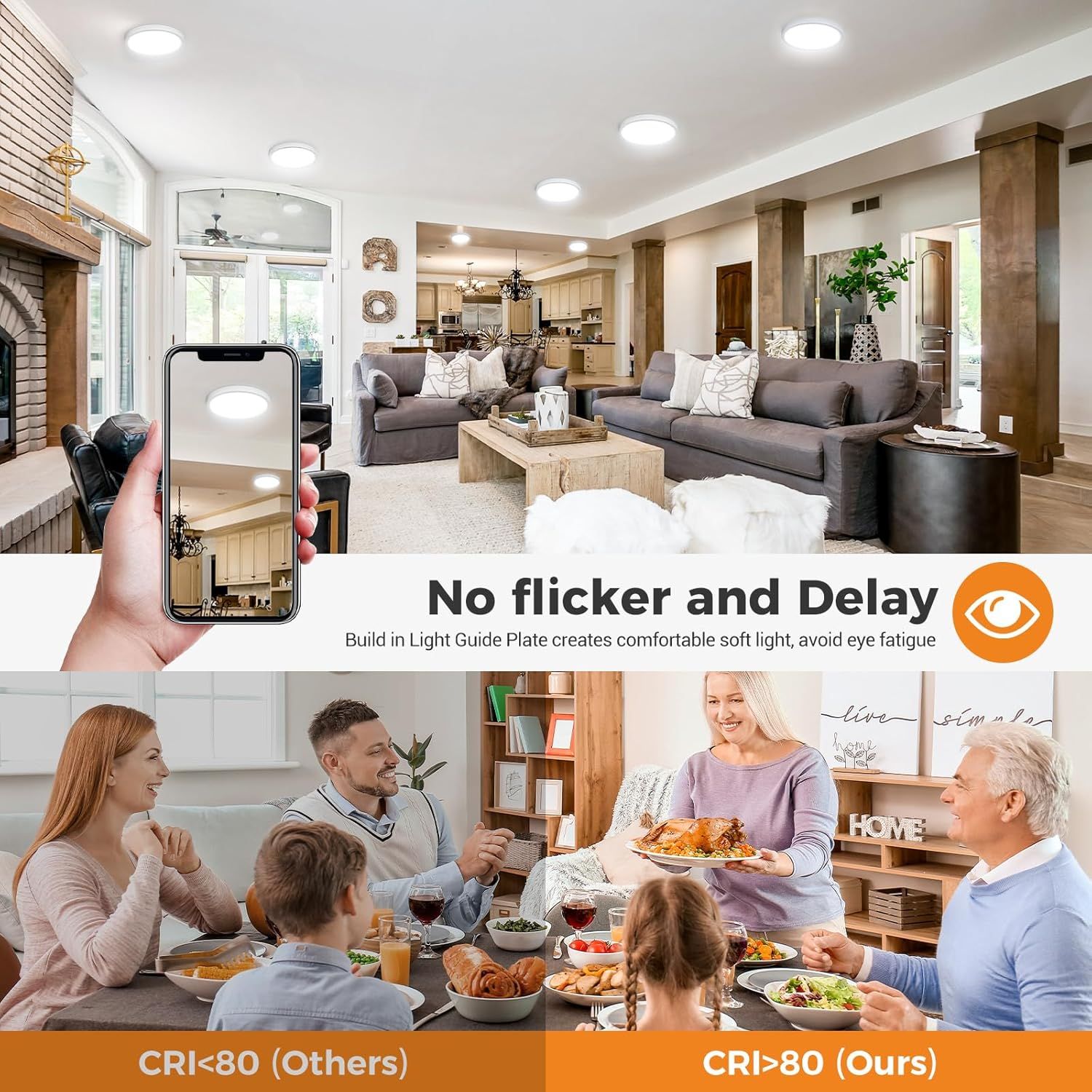 Communicates that the product's built-in light guide plate creates comfortable, soft light without flickering or delay, reducing eye fatigue and providing superior lighting quality.