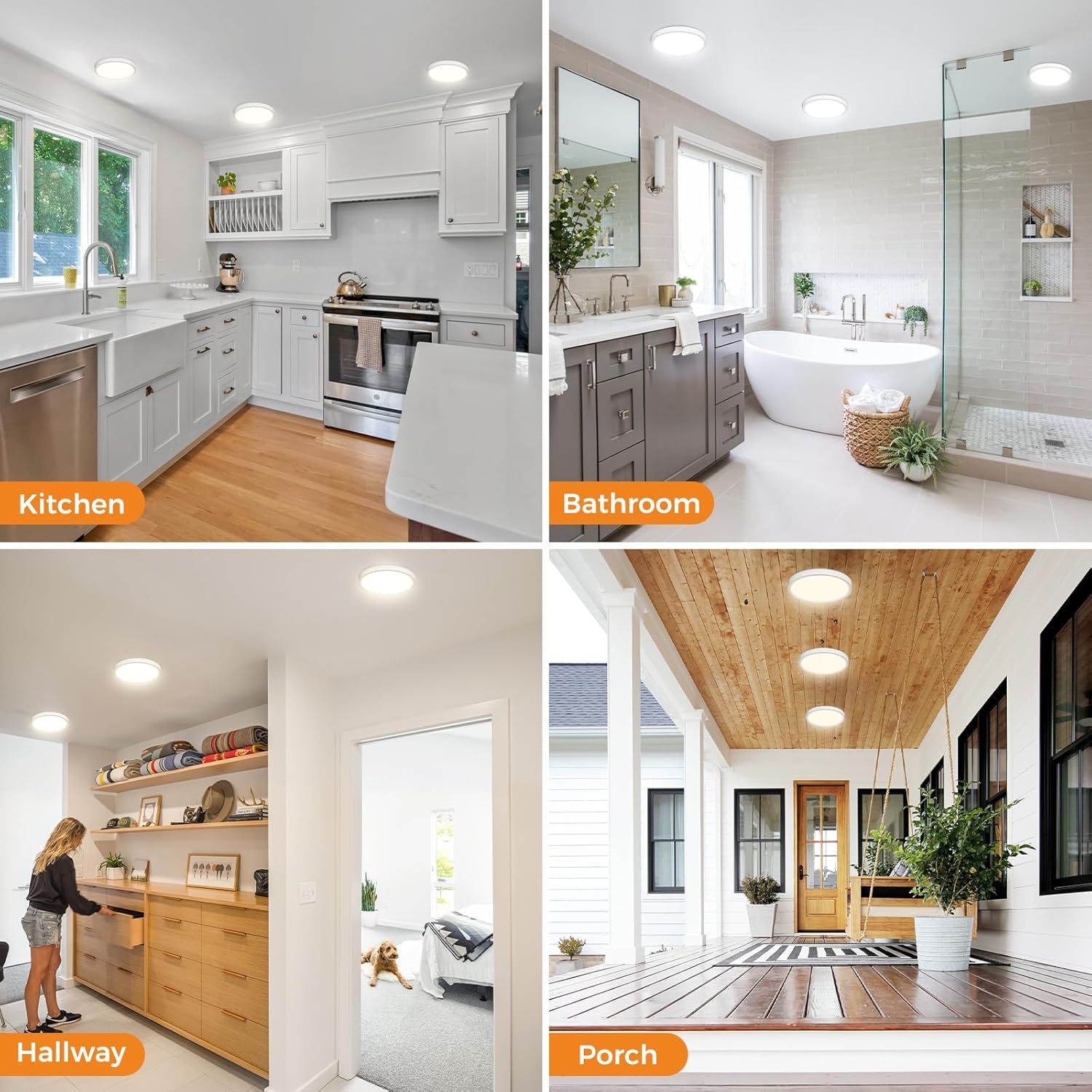 Demonstrates the product's versatility by showing it installed in multiple different home environments (kitchen, bathroom, hallway, porch) to reassure shoppers it works throughout the entire home.