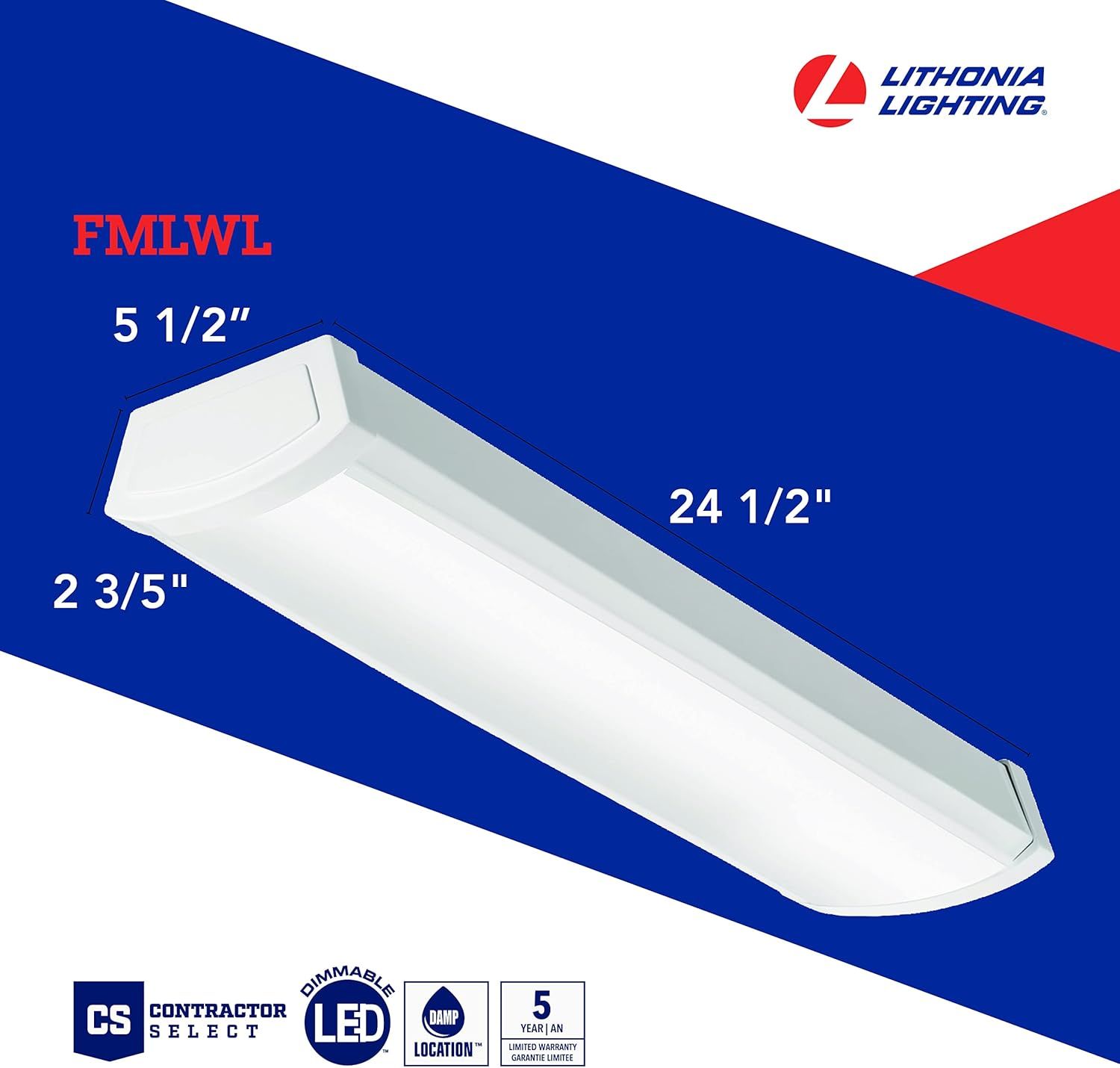 Communicates the exact physical dimensions of the light fixture (24.5 inches length, 5.5 inches height, 2.6 inches width) to help shoppers understand the product's size and fit for their space.