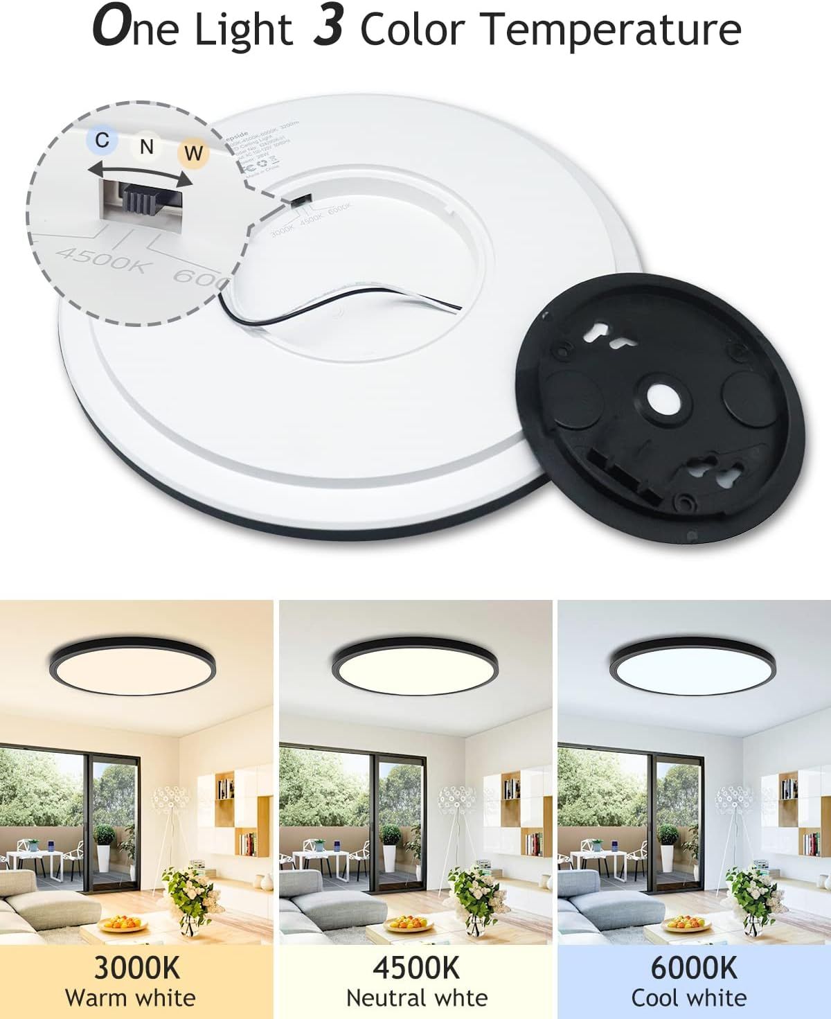 Highlights the product's adjustable color temperature feature, showing the wiring mechanism and demonstrating the three lighting options (warm, neutral, cool white) to help shoppers understand the…