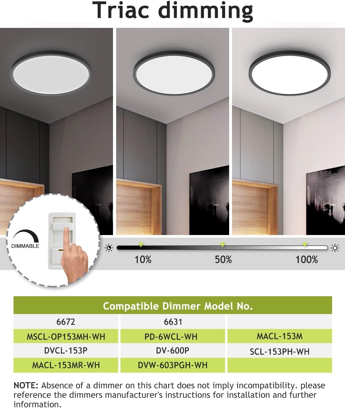 Demonstrates the product's dimming capability from 10% to 100% brightness and provides compatibility information with specific dimmer models to reassure shoppers about installation and functionality.