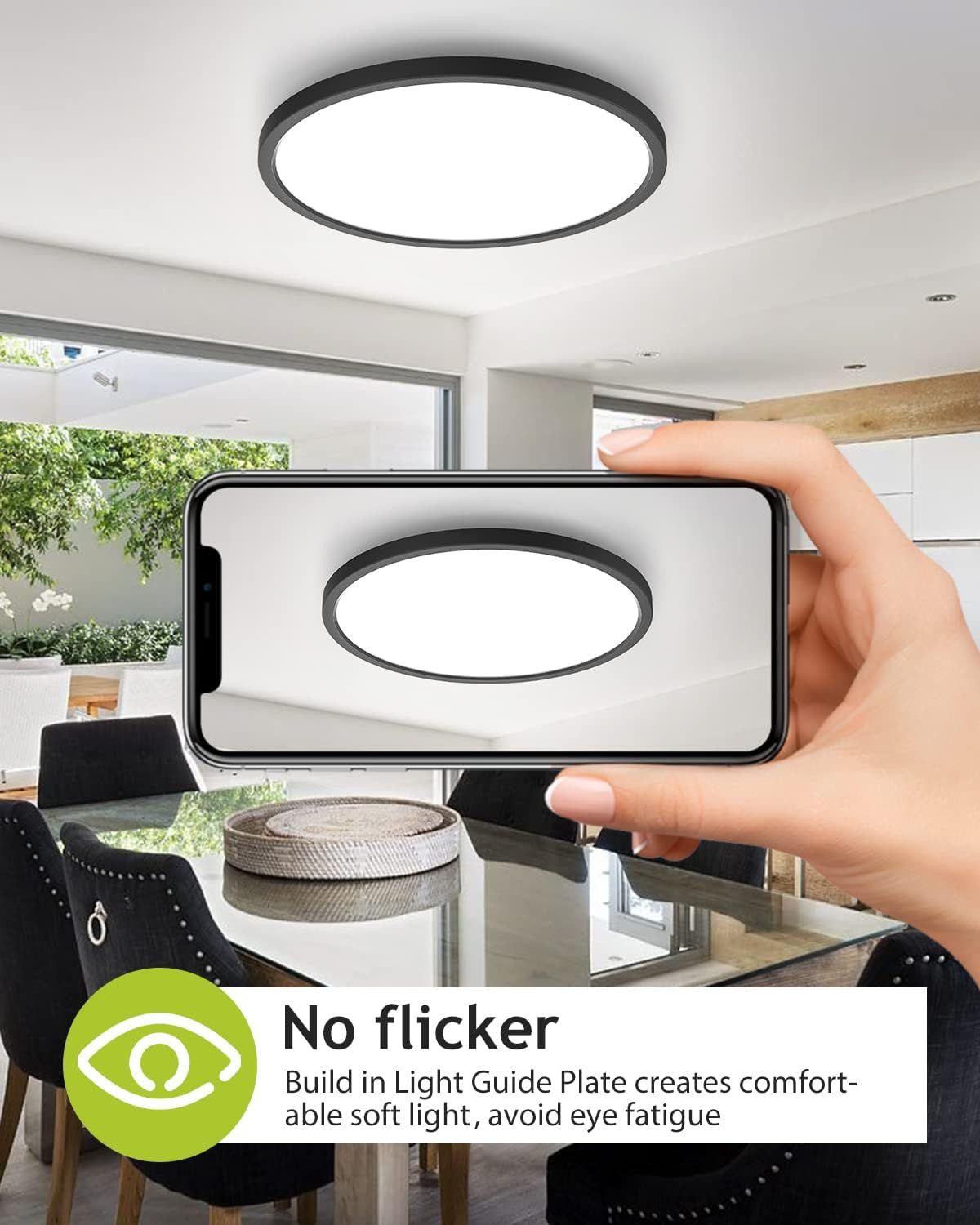 Communicates that the ceiling light features a built-in light guide plate that eliminates flicker, providing comfortable soft light that prevents eye fatigue.