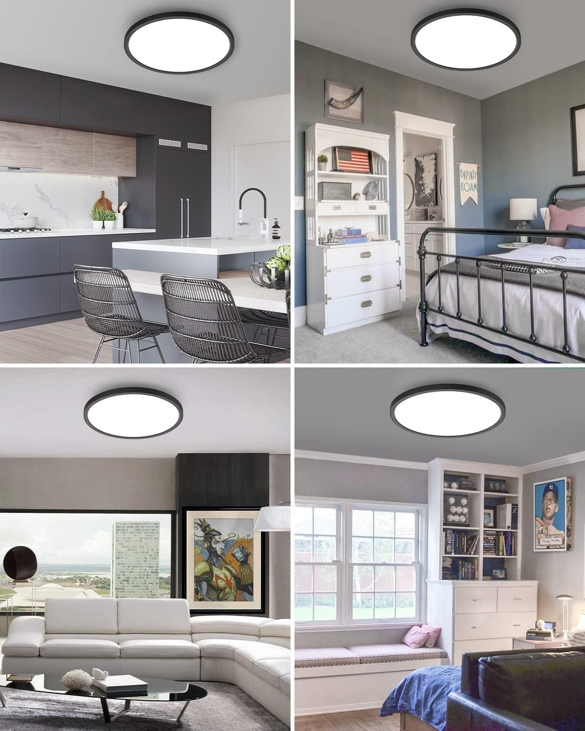 Demonstrates the ceiling light fixture's versatility by showing it installed in multiple different room types and interior design styles, reassuring shoppers it works in any space.