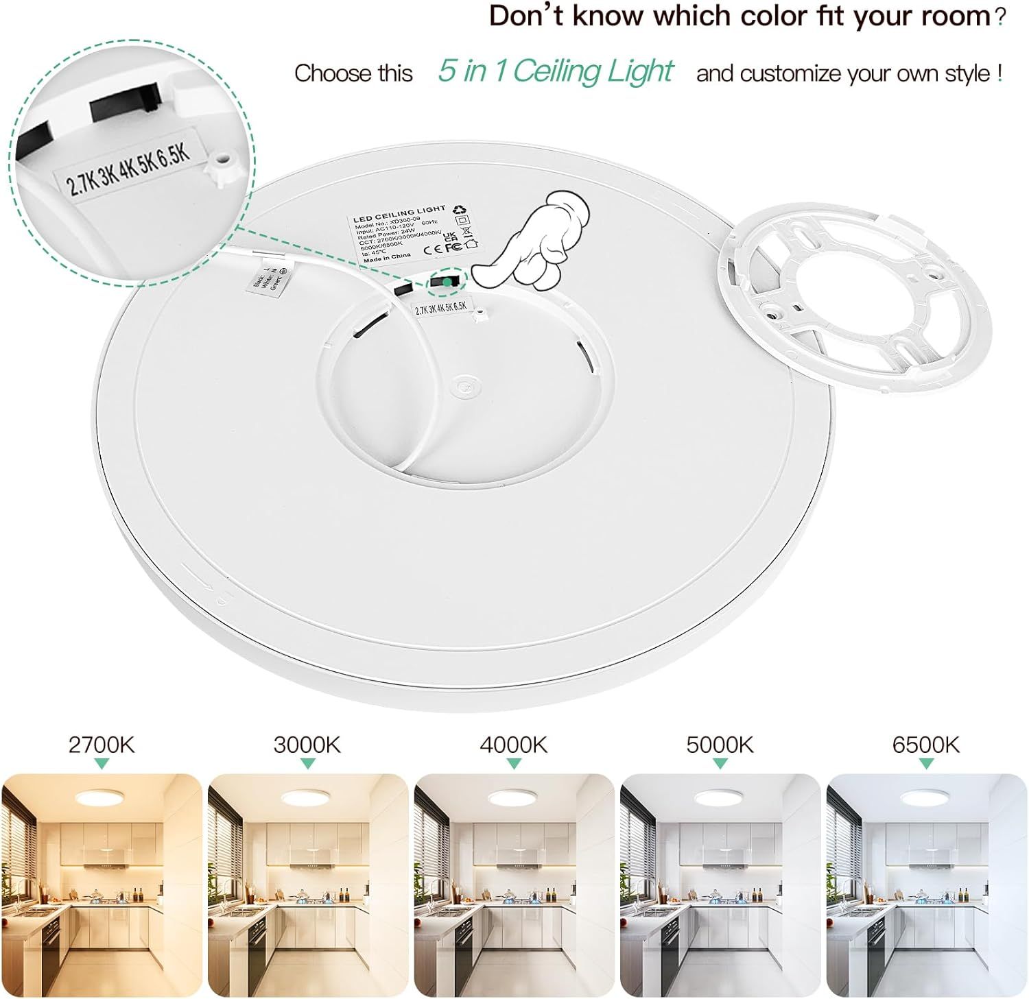 Demonstrates that the ceiling light offers five adjustable color temperature settings (2700K to 6500K), allowing shoppers to customize the lighting to match their room's ambiance and personal…