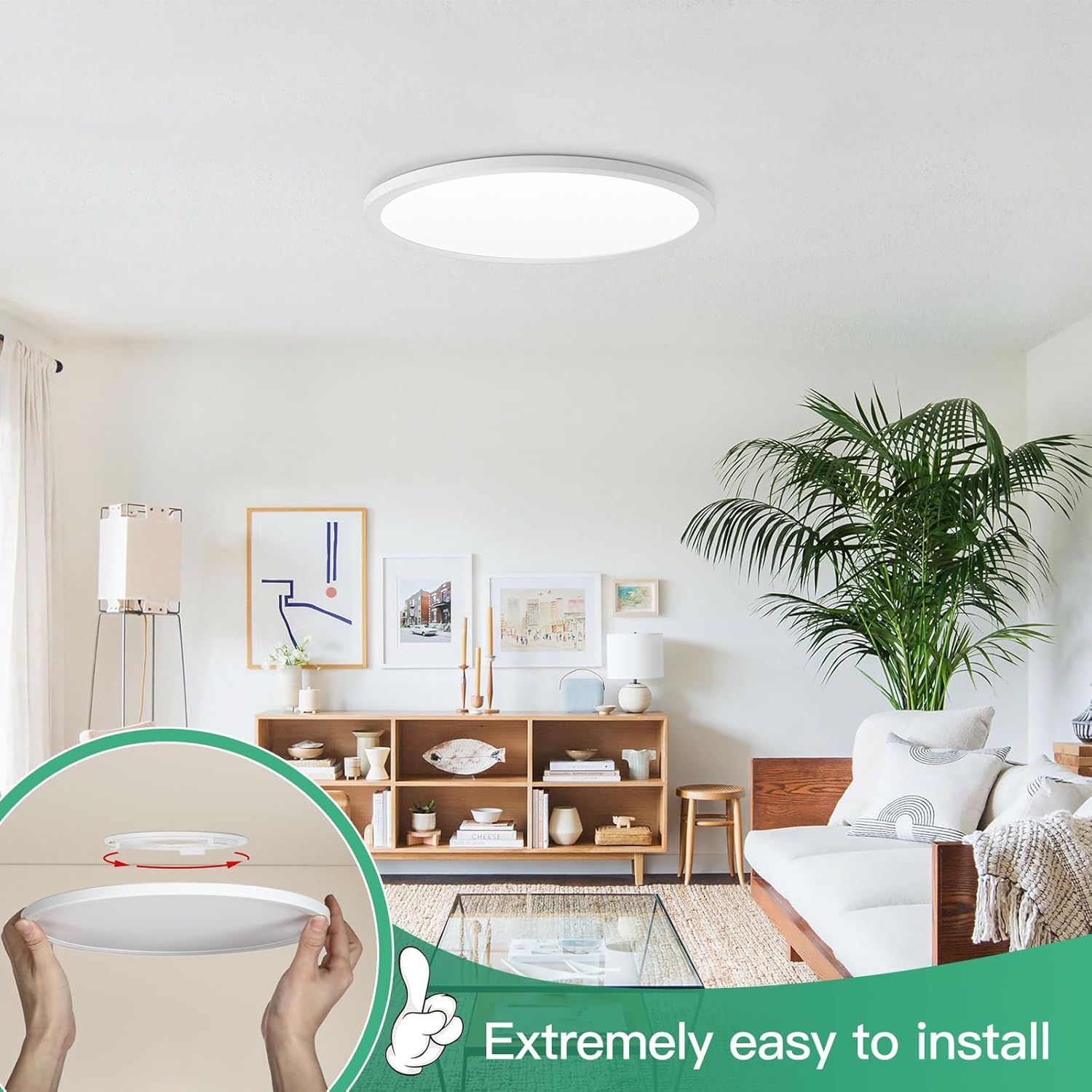 Demonstrates that the ceiling light is extremely easy to install, reassuring shoppers that setup will be quick and hassle-free. Highlights the key benefit of simple installation to reduce purchase…