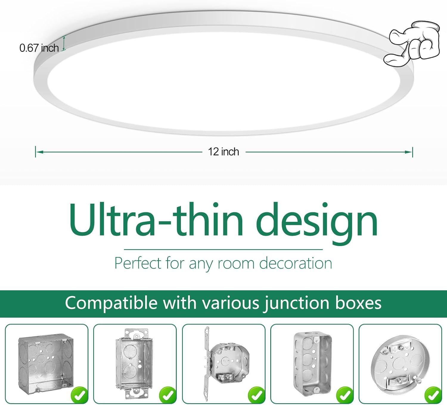 Communicates the product's slim, space-saving design with exact dimensions to help shoppers understand its physical size and low-profile fit for ceiling installation. Demonstrates the product's…