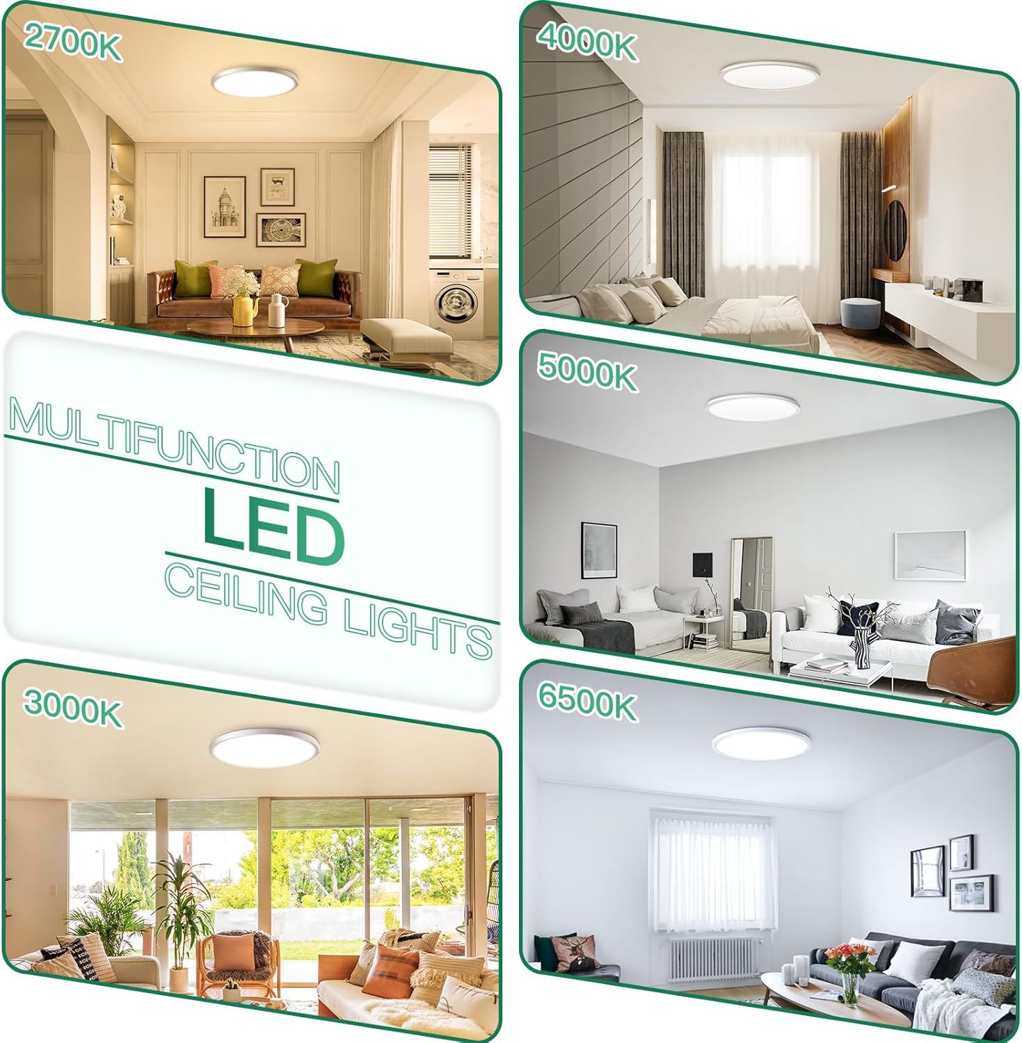 Demonstrates the LED ceiling light's versatility by showing it in multiple room settings (living room, bedroom, etc.) with different color temperature options (2700K-6500K) to help shoppers…