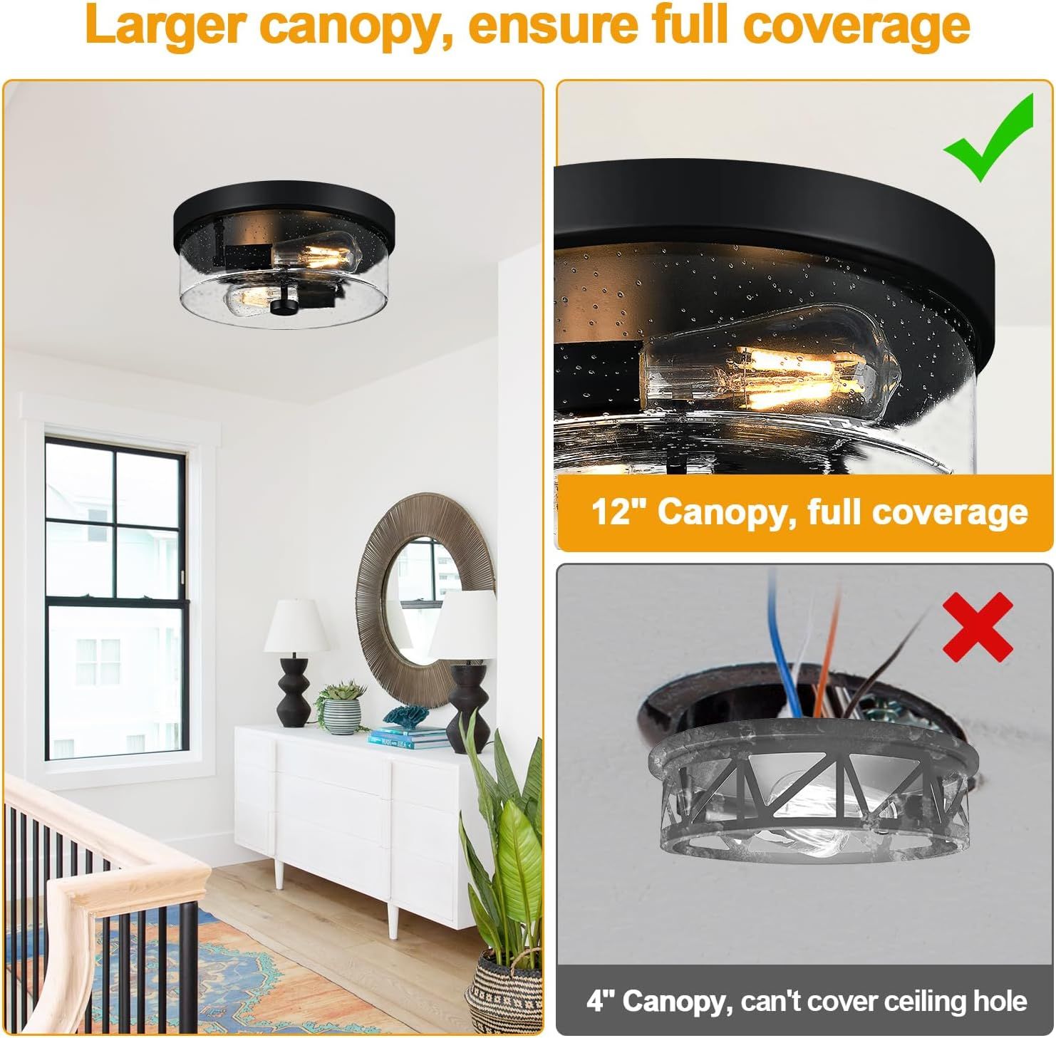 Demonstrates that this product's 12-inch canopy provides full ceiling coverage compared to a smaller 4-inch competitor canopy that leaves gaps and exposed ceiling holes visible. Highlights the…