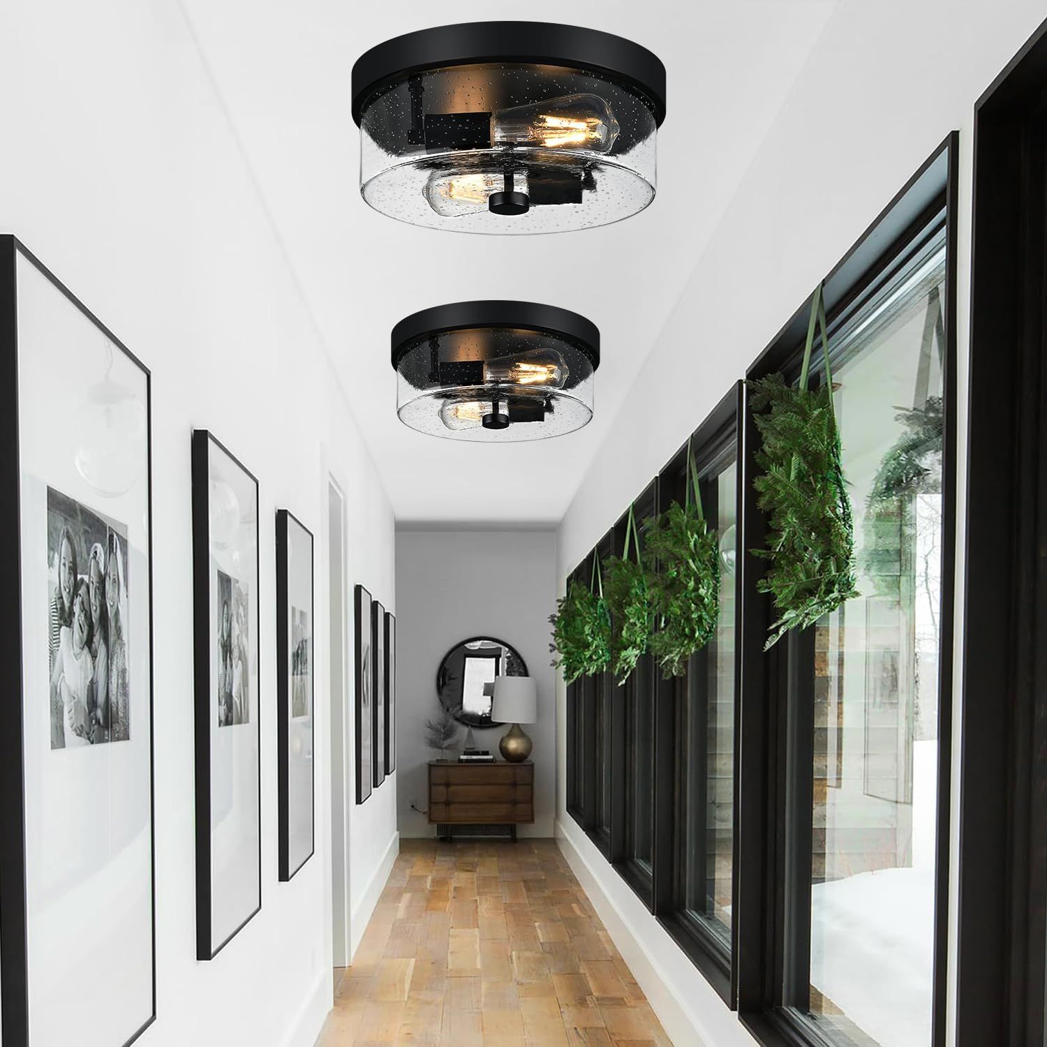 Demonstrates how the ceiling light fixtures look when installed in a real home environment, helping shoppers visualize the product in their own hallway or corridor.