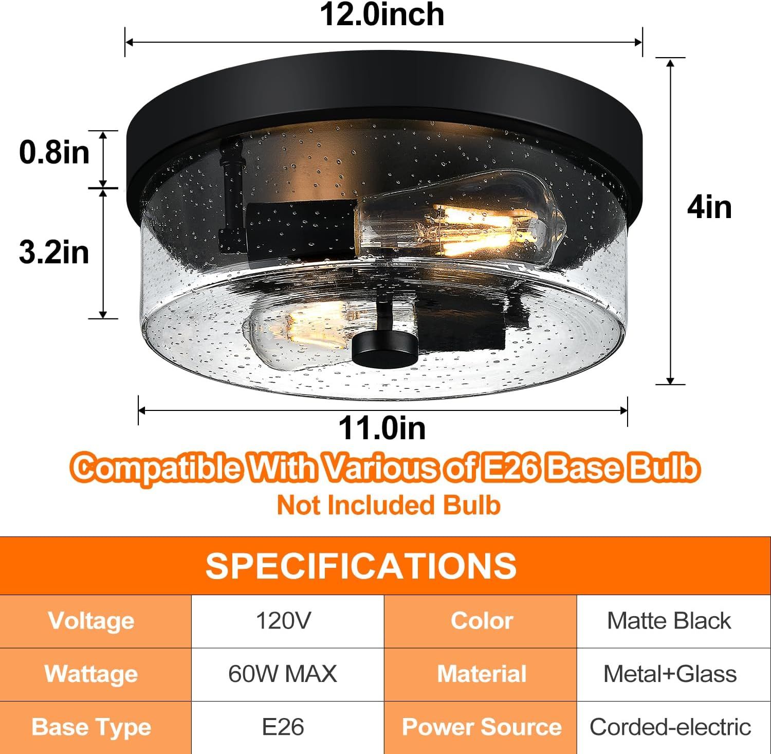Communicates the exact physical dimensions of the ceiling light fixture to help shoppers determine if it will fit their space. Provides detailed product specifications including voltage, wattage,…