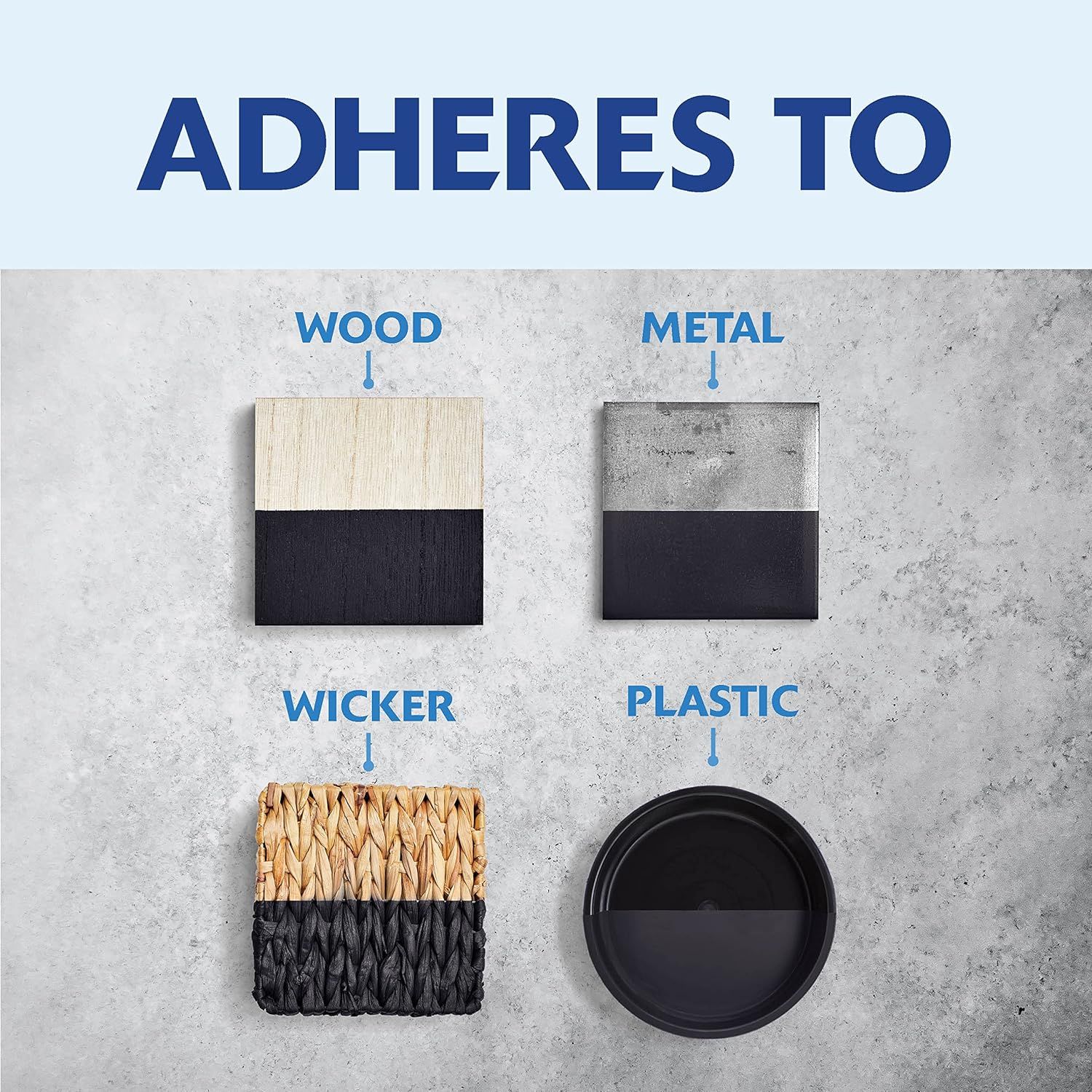 Demonstrates that the product adheres to multiple different surface types (wood, metal, wicker, plastic), reassuring shoppers of its versatility and broad applicability.