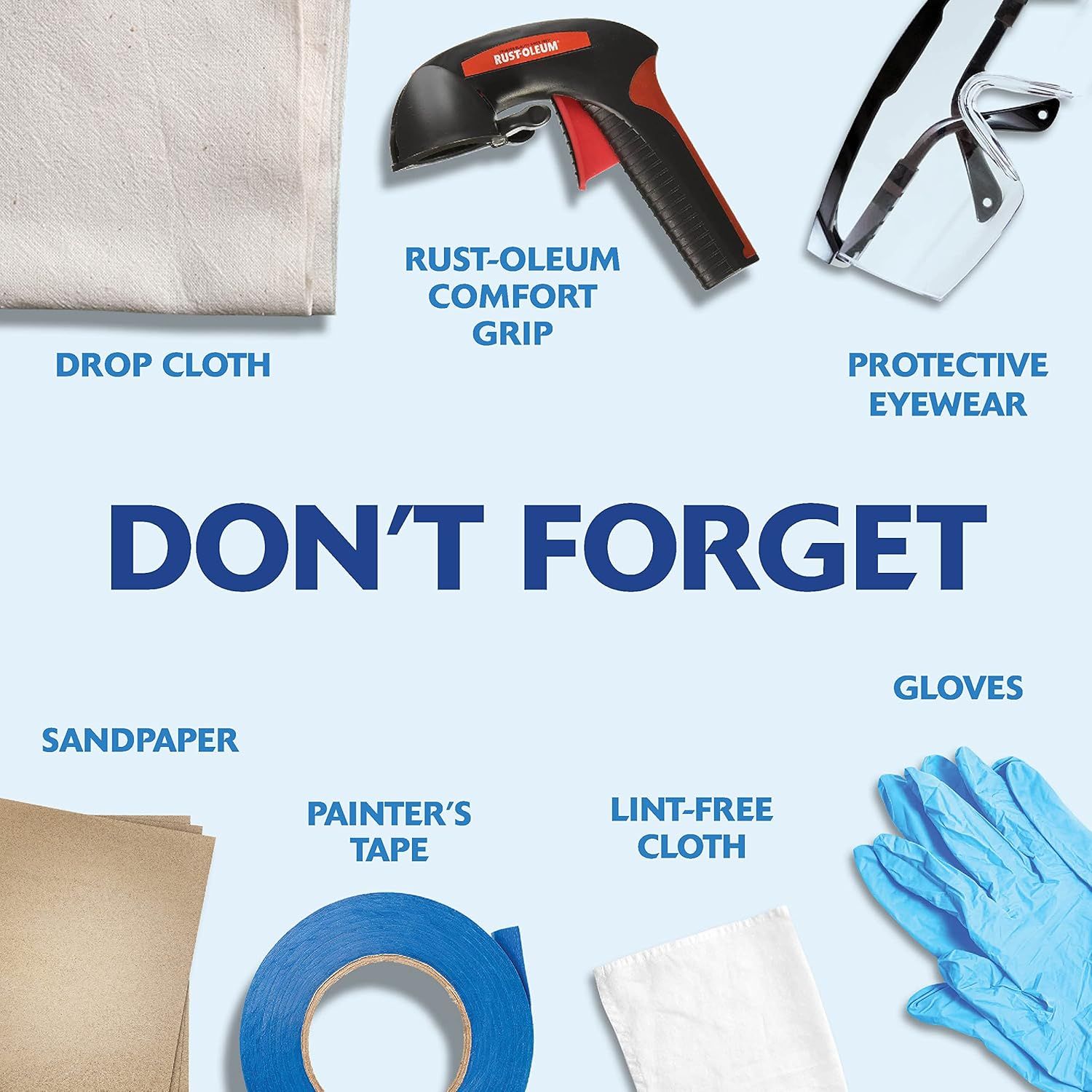 Shows all the essential accessories and supplies included or recommended for a painting project, reminding shoppers not to forget key items like drop cloth, comfort grip, protective eyewear,…